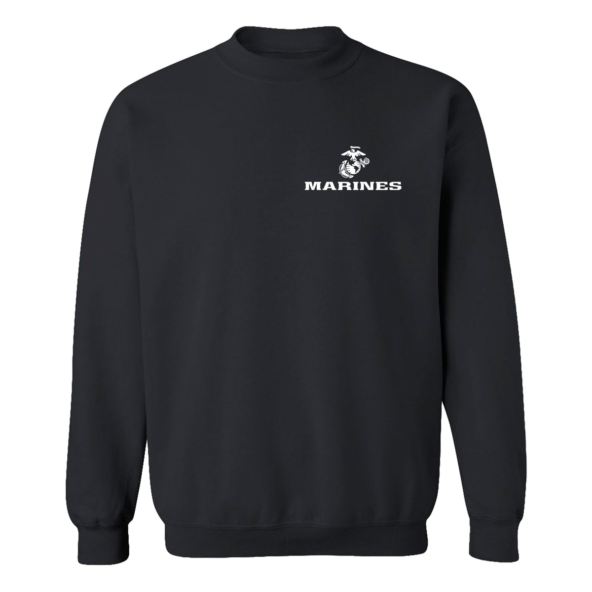 Black USMC sweatshirt with Eagle Globe Anchor chest seal and MARINES text