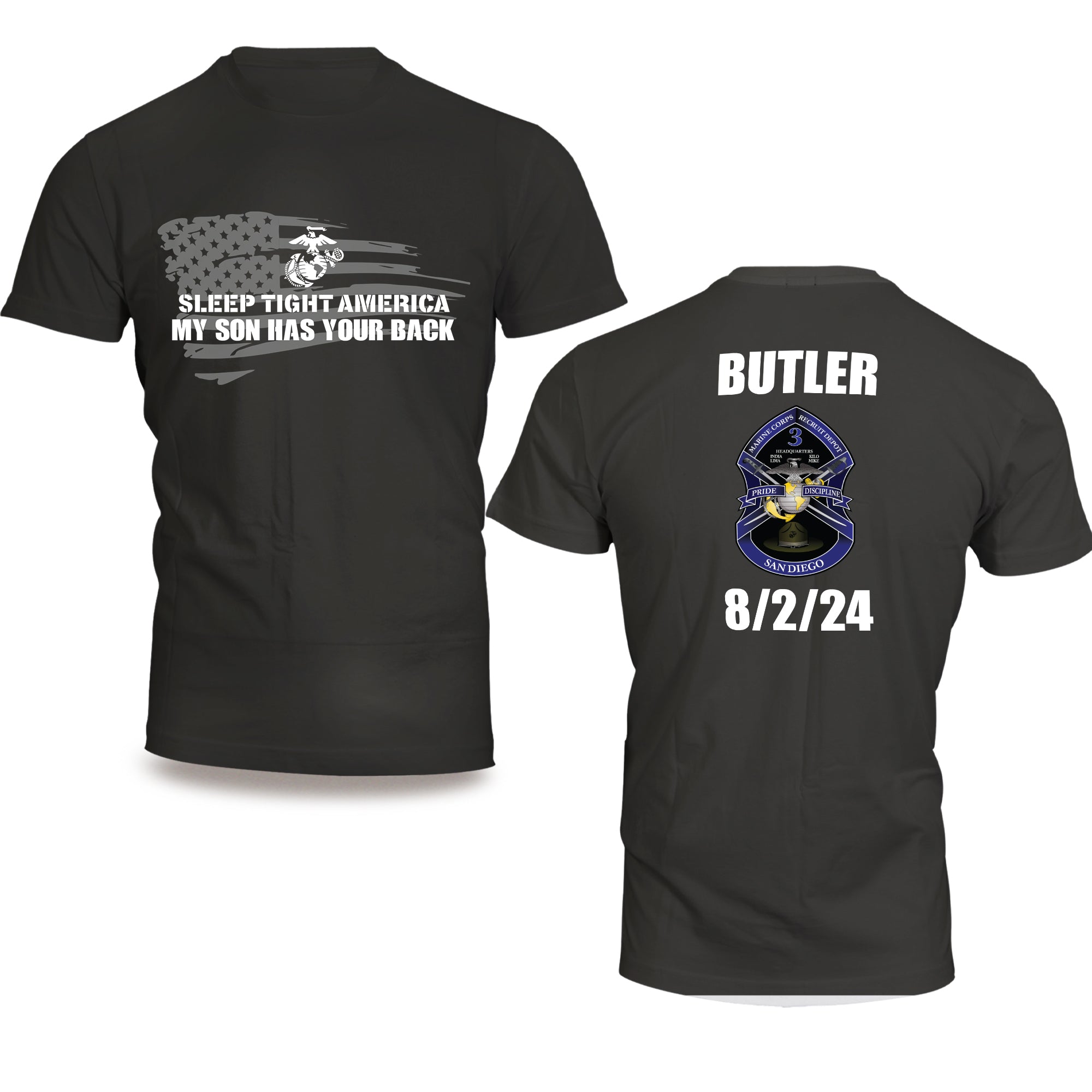 USMC "Sleep Tight America, My *Marine* Has Your Back" T-Shirt with Customizable Back