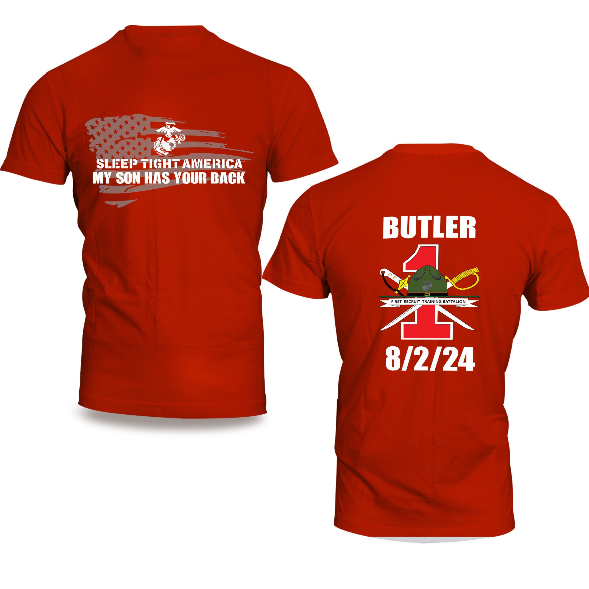 USMC "Sleep Tight America, My *Marine* Has Your Back" T-Shirt with Customizable Back