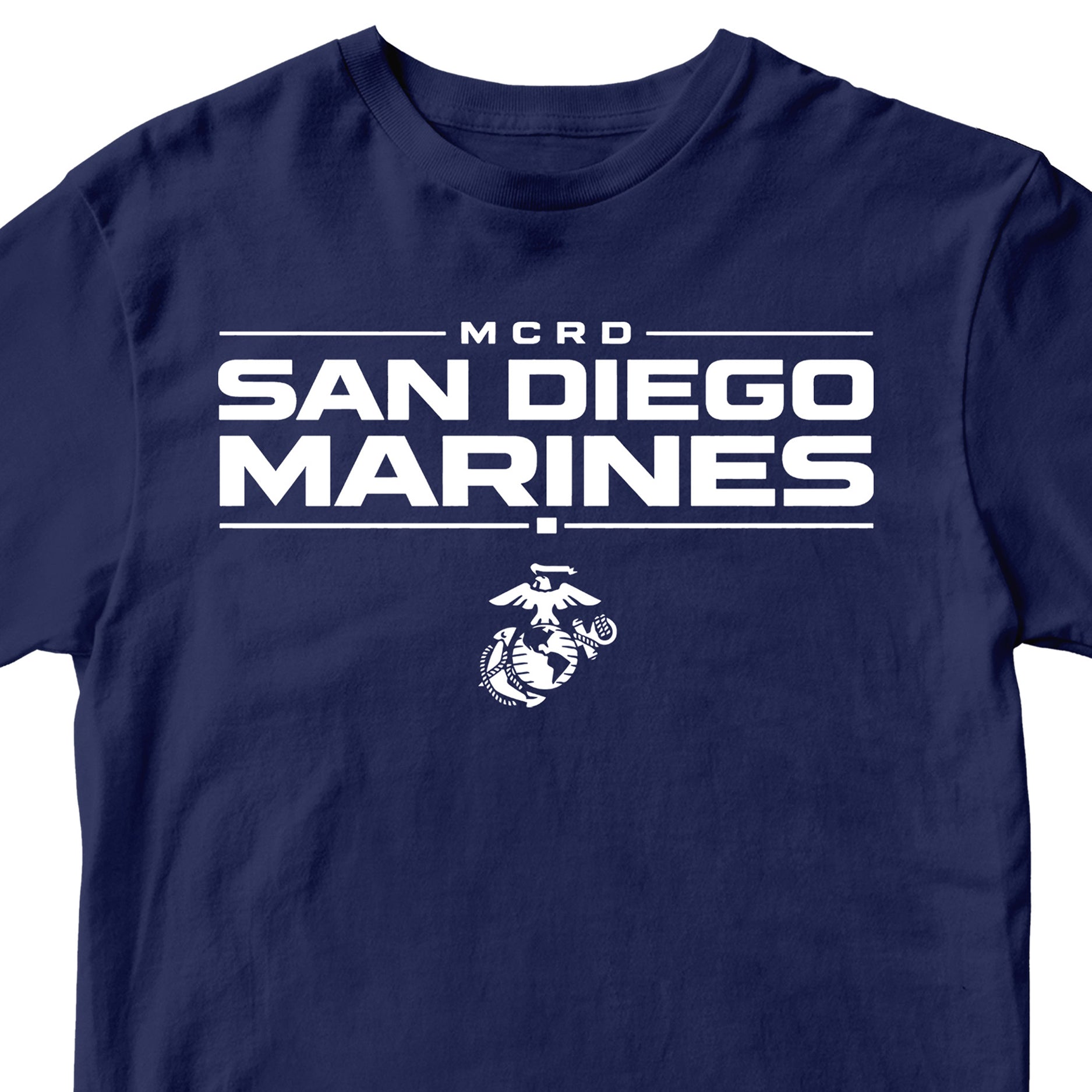 Navy MCRD San Diego Marines T-shirt with Eagle Globe and Anchor Marine Corps design. Marine Corps MCRD San Diego Tee