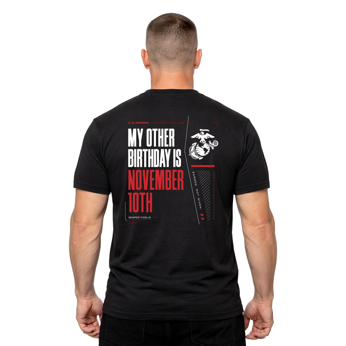 Black USMC My Other Birthday Is November 10th T-shirt with Marine Corps Birthday back graphic
