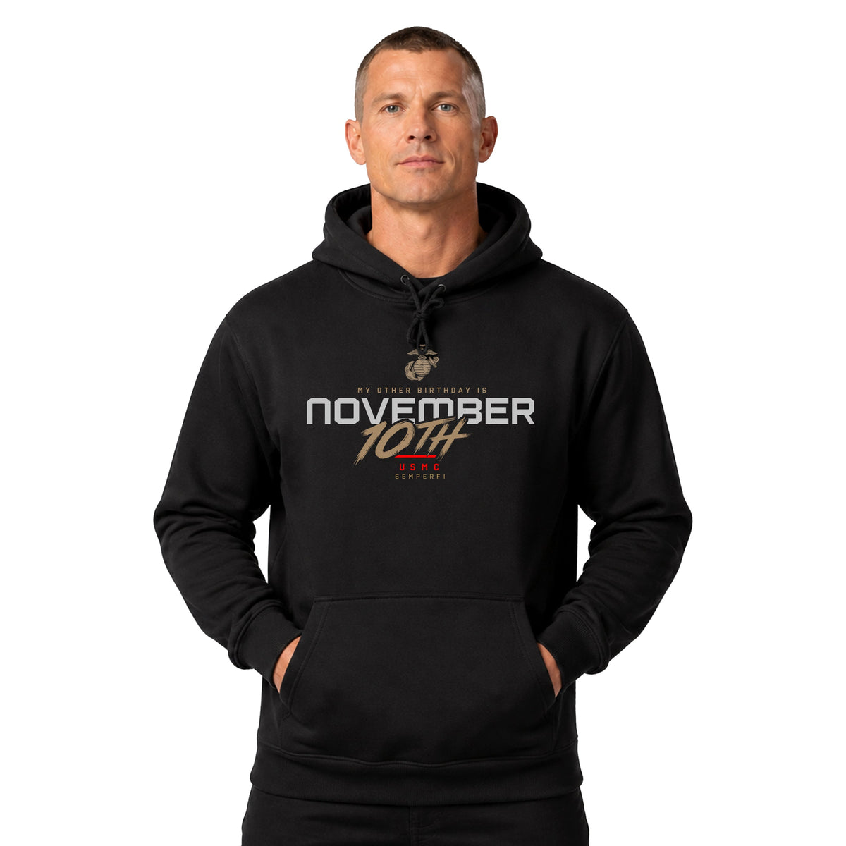 Model wearing Black USMC November 10th My Other Birthday hoodie with Eagle Globe and Anchor, Semper Fi, and Marine Corps Birthday graphic