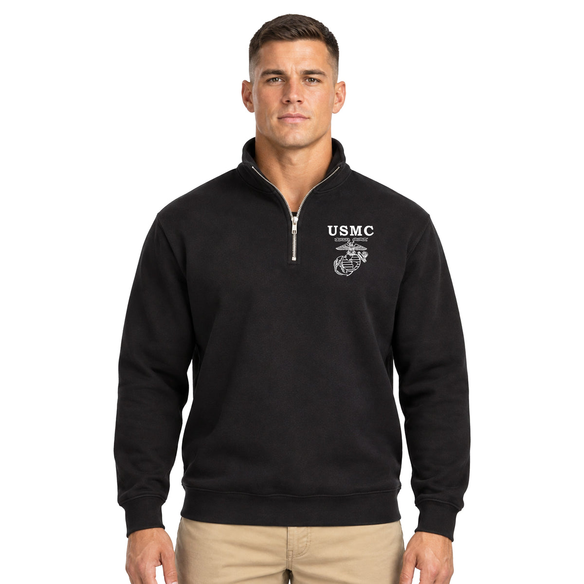 Black USMC Old School EGA screen-printed midweight quarter-zip pullover