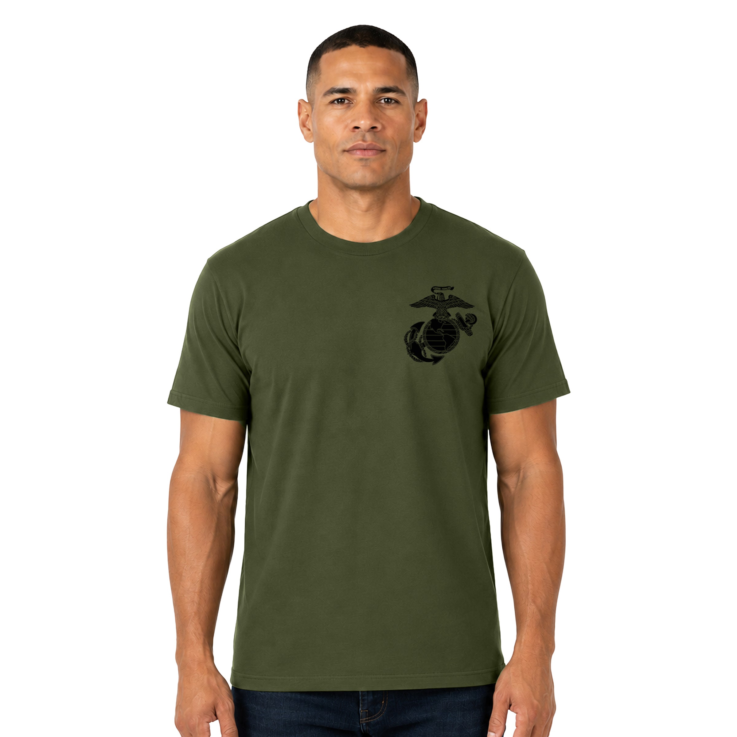 Marines vintage EGA chest seal T-shirt with Eagle Globe and Anchor cotton tee. Green USMC Tee