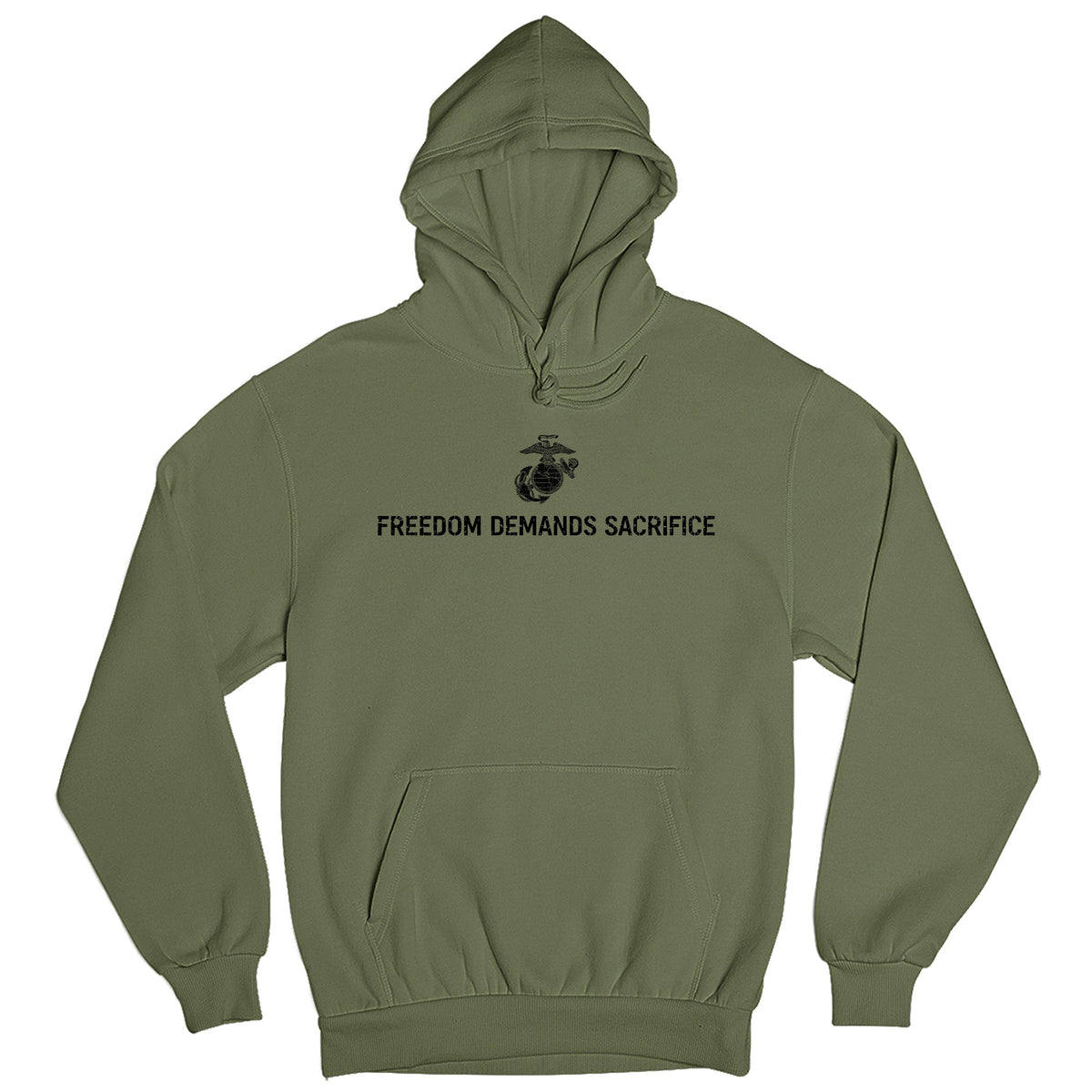 The 1% Who Serve USMC OD Green Hoodie with Freedom Demands Sacrifice front graphic