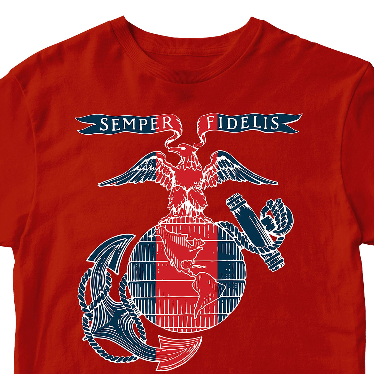 USMC t-shirt featuring a stylized red, white, and blue Eagle, Globe, and Anchor design with a vertical red blood stripe through the globe and a 'Semper Fidelis' banner above—American flag-inspired artwork printed on the front.
