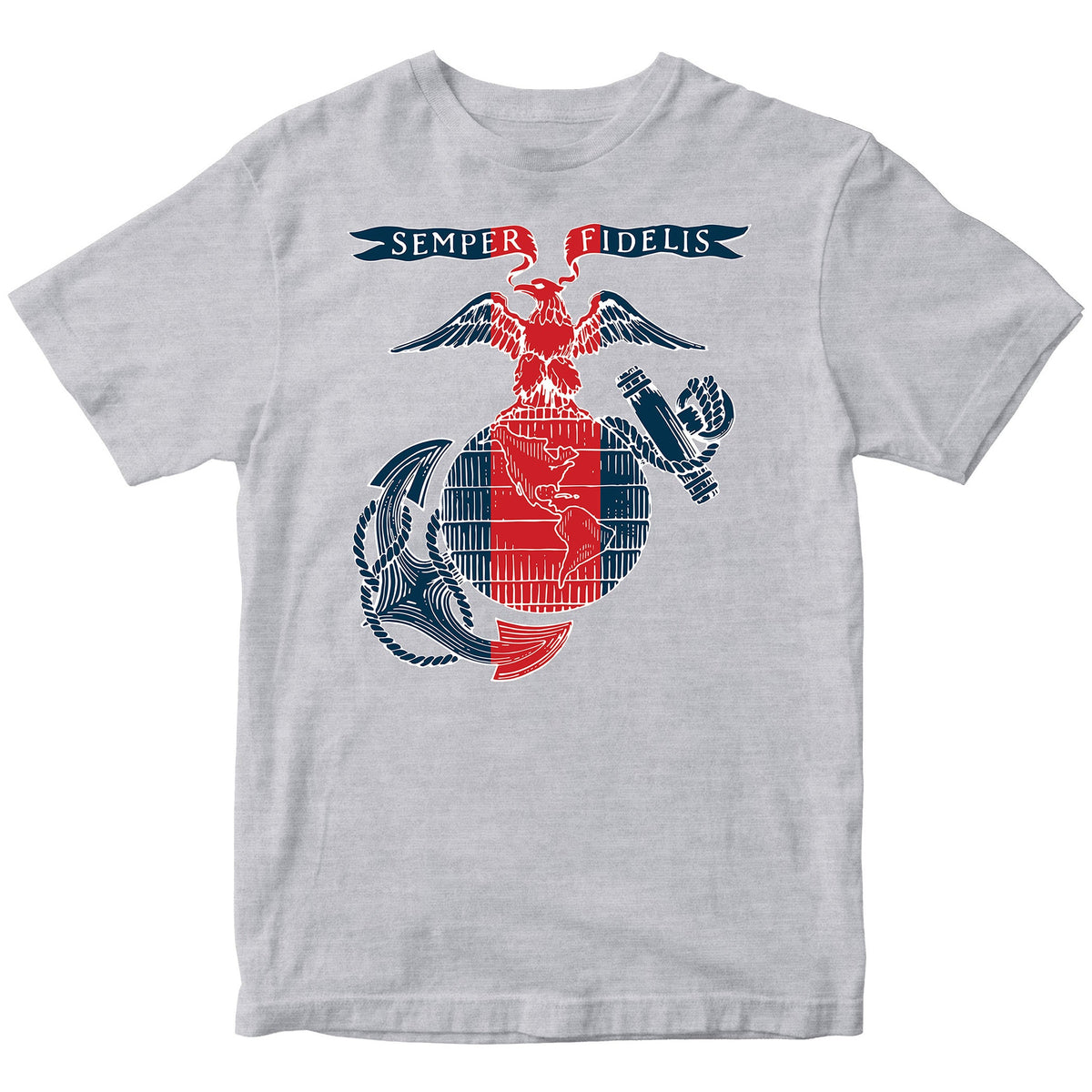 USMC t-shirt featuring a stylized red, white, and blue Eagle, Globe, and Anchor design with a vertical red blood stripe through the globe and a 'Semper Fidelis' banner above—American flag-inspired artwork printed on the front.