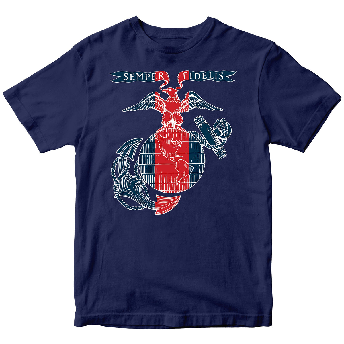 USMC t-shirt featuring a stylized red, white, and blue Eagle, Globe, and Anchor design with a vertical red blood stripe through the globe and a 'Semper Fidelis' banner above—American flag-inspired artwork printed on the front.