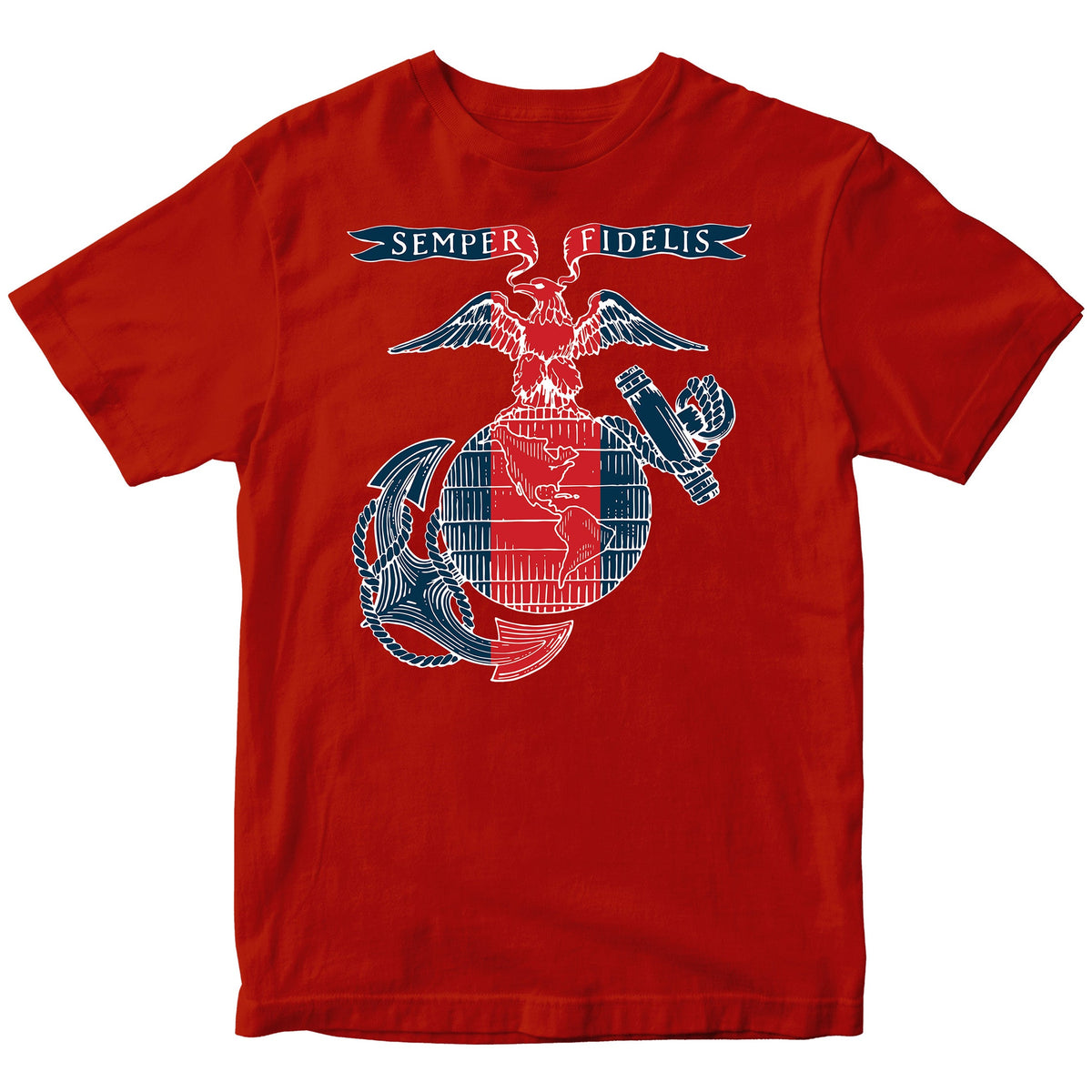 USMC t-shirt featuring a stylized red, white, and blue Eagle, Globe, and Anchor design with a vertical red blood stripe through the globe and a 'Semper Fidelis' banner above—American flag-inspired artwork printed on the front.
