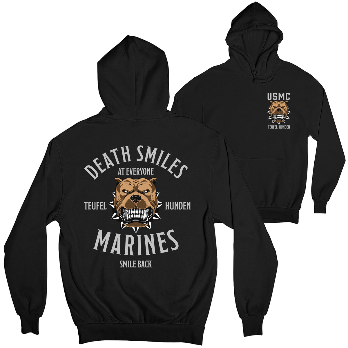 Black USMC Hoodie with left-chest bulldog graphic and back design reading ‘Death Smiles at Everyone, Marines Smile Back’ with Teufel Hunden bulldog illustration