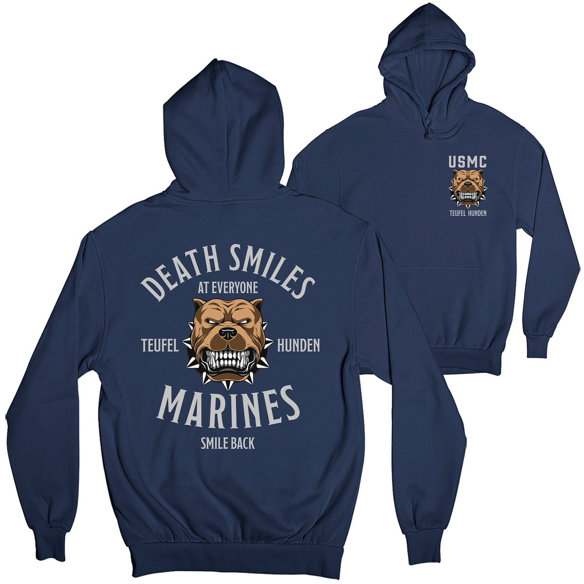 Navy Blue USMC Hoodie with left-chest bulldog graphic and back design reading ‘Death Smiles at Everyone, Marines Smile Back’ with Teufel Hunden bulldog illustration
