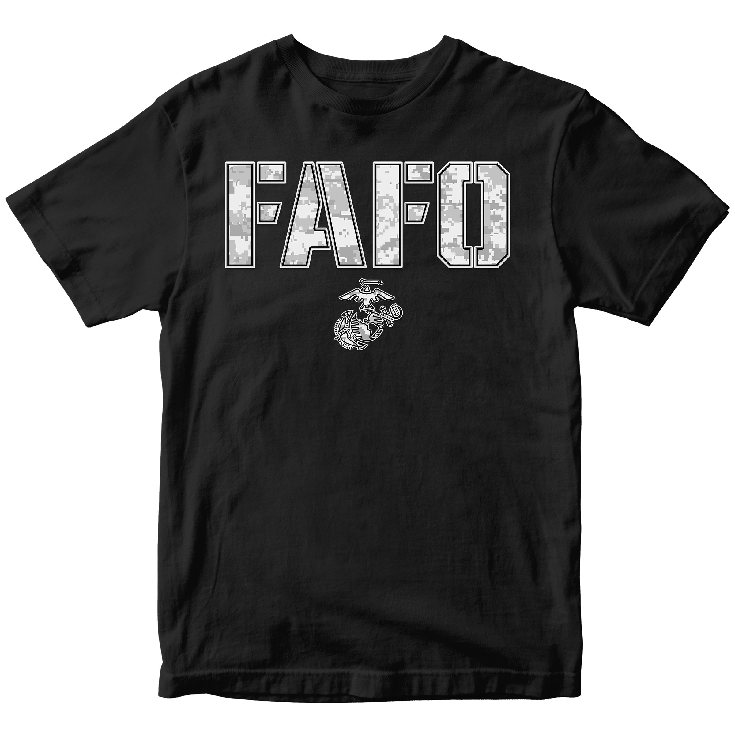 Black FAFO arctic camo T-shirt with camouflage lettering and Eagle Globe and Anchor
