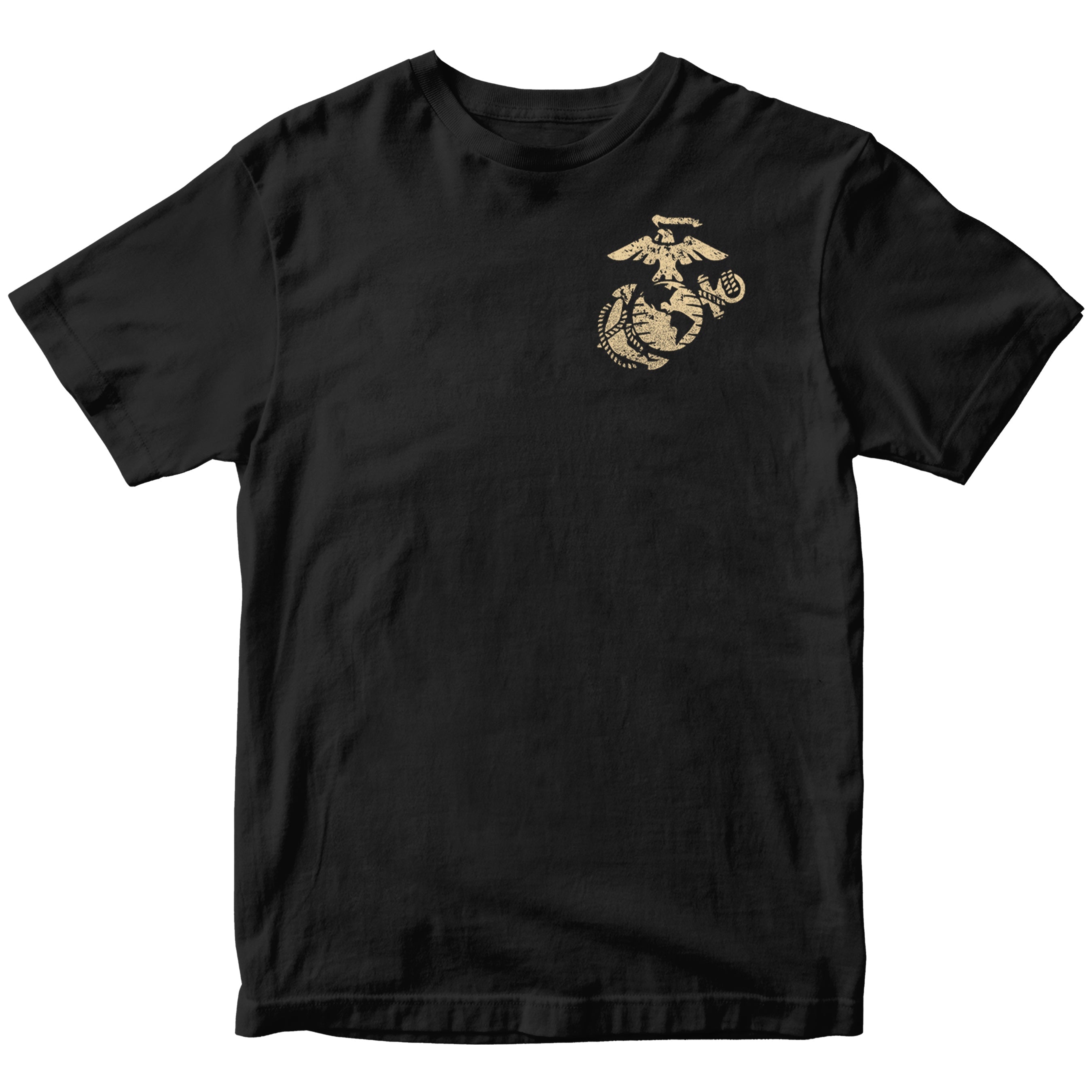 Black USMC t-shirt featuring a front chest displays the official Eagle, Globe, and Anchor emblem.