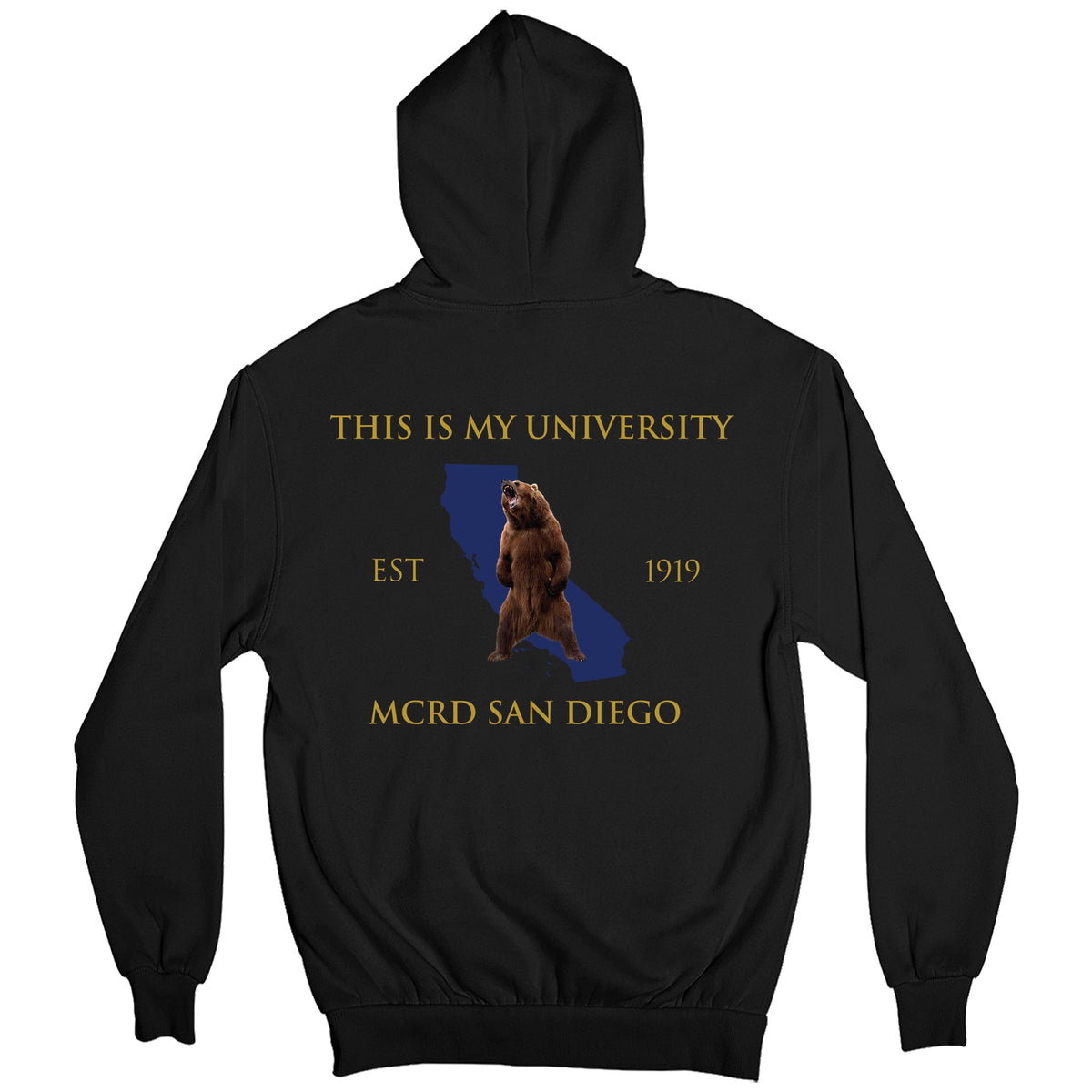 Black USMC fraternity Hoodie with San Diego back graphic featuring the California outline with star.