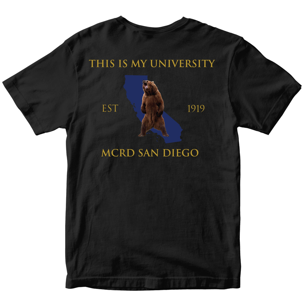 Black USMC fraternity-style T-shirt with MCRD San Diego back graphic featuring the California outline with star.
