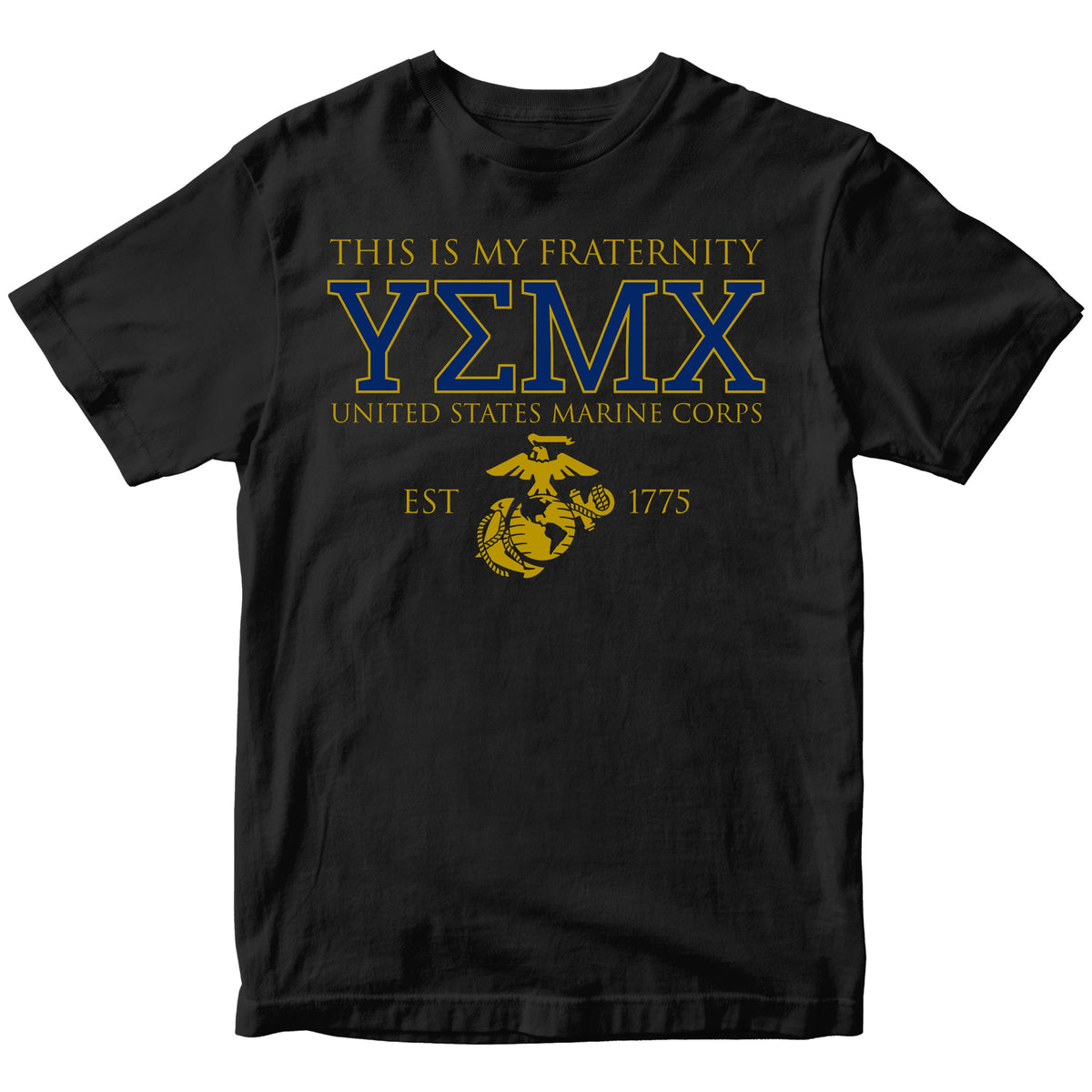 Black USMC fraternity-style T-shirt with Greek letters YMEX on the front