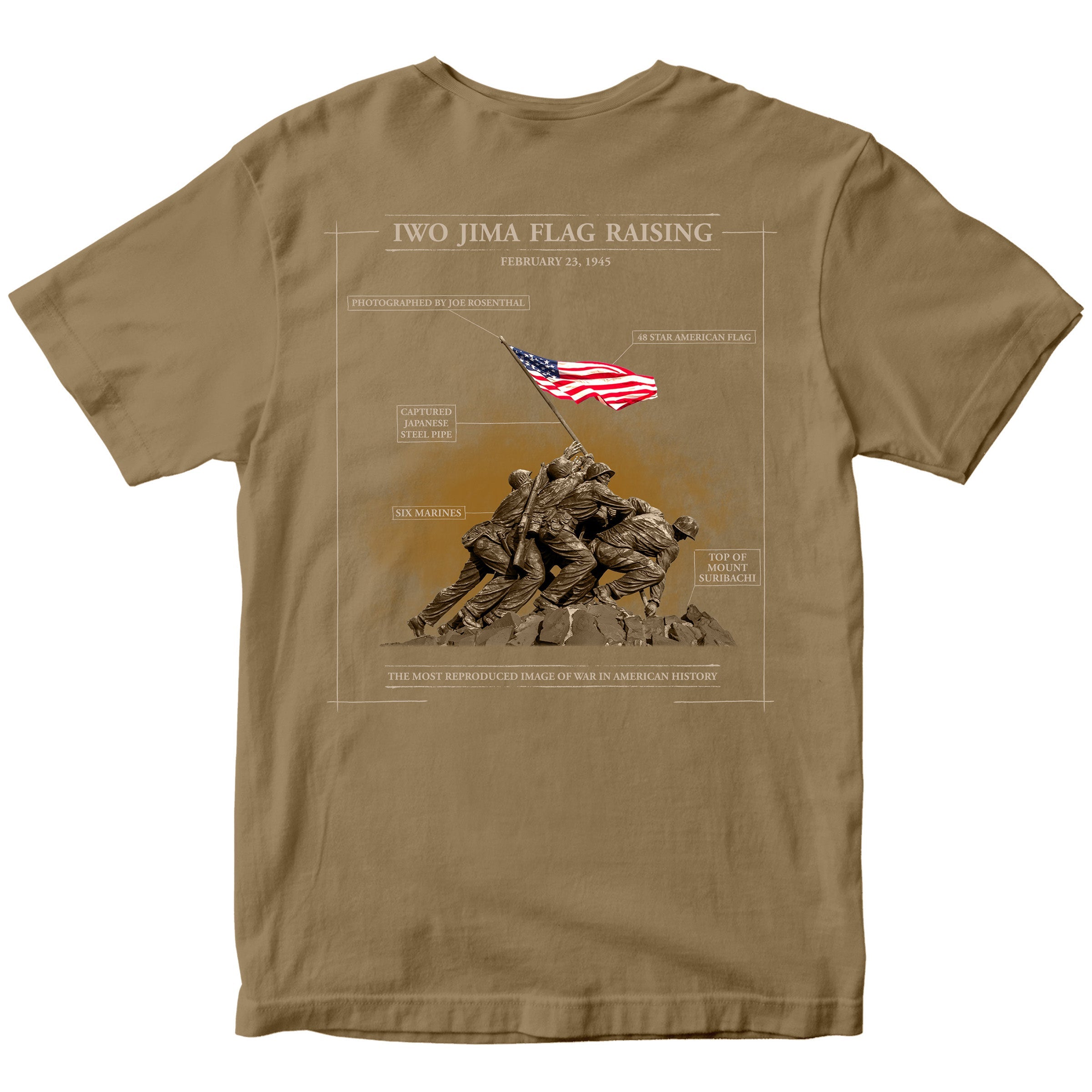 Khaki United States Marine Corps Iwo Jima flag raising Mount Suribachi T-shirt. Marines Iwo Jima Tee