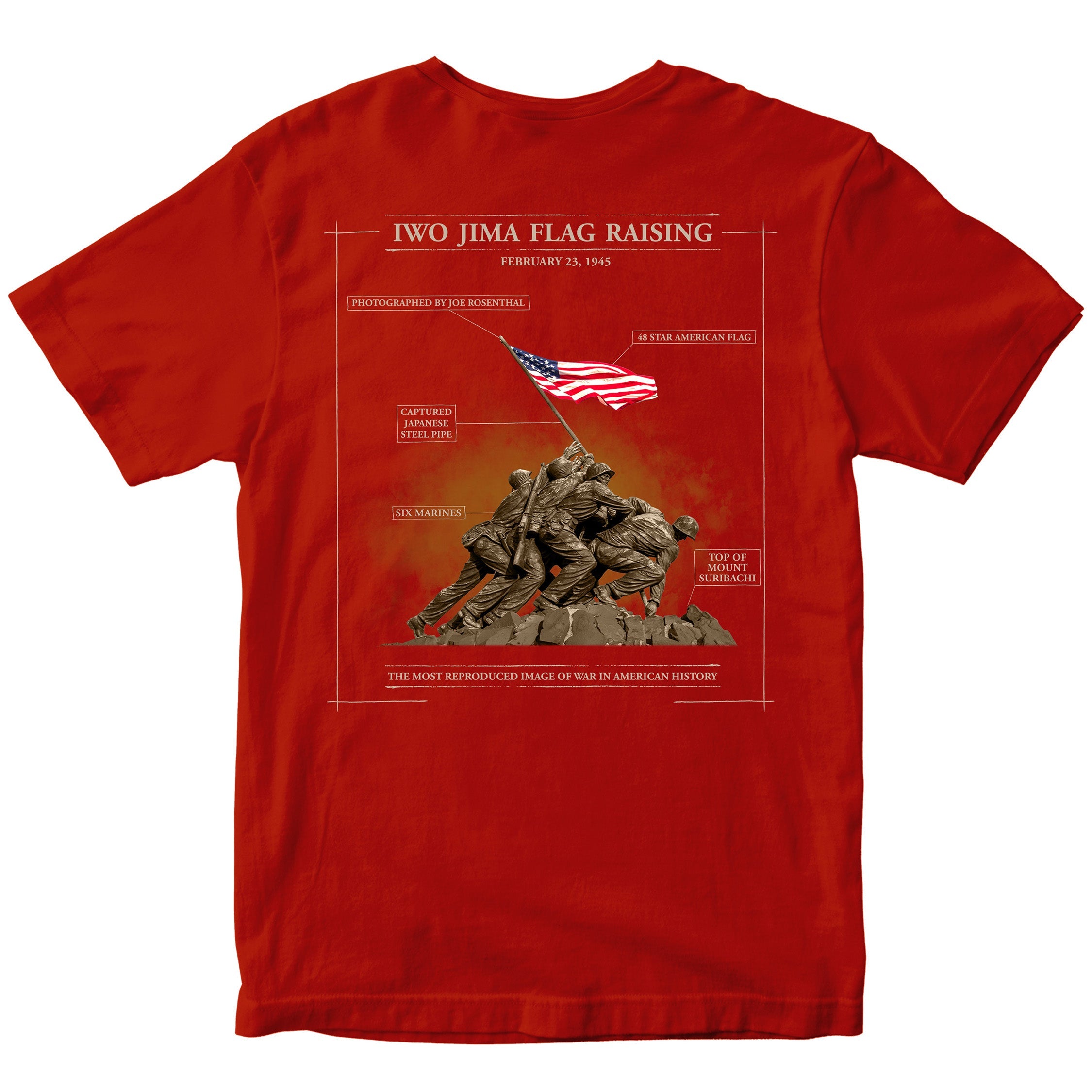 Red United States Marine Corps Iwo Jima flag raising Mount Suribachi T-shirt. Marines Iwo Jima Tee