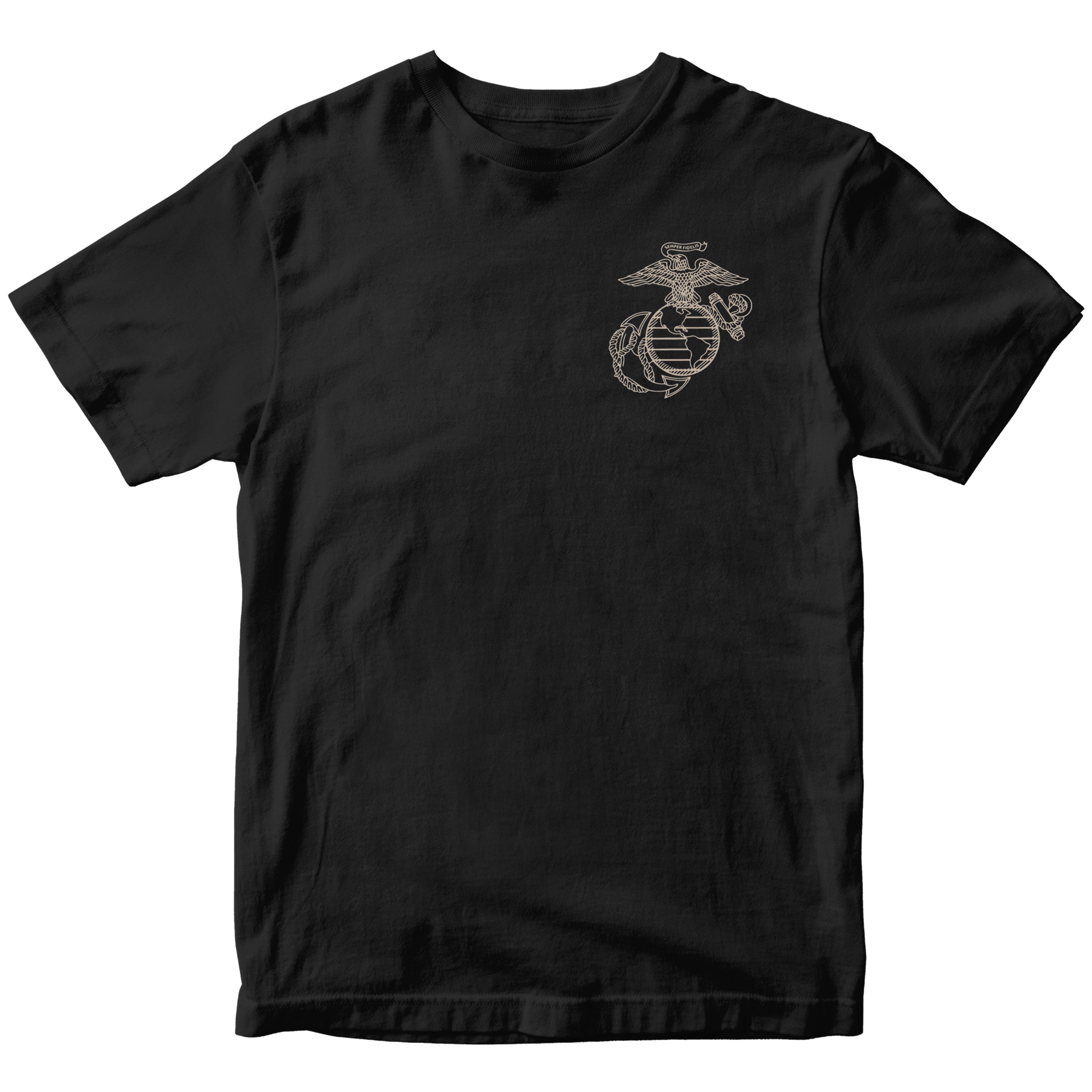 United States Marine Corps Iwo Jima flag raising Mount Suribachi T-shirt with Eagle Globe and Anchor Chest. Marines Iwo Jima Tee