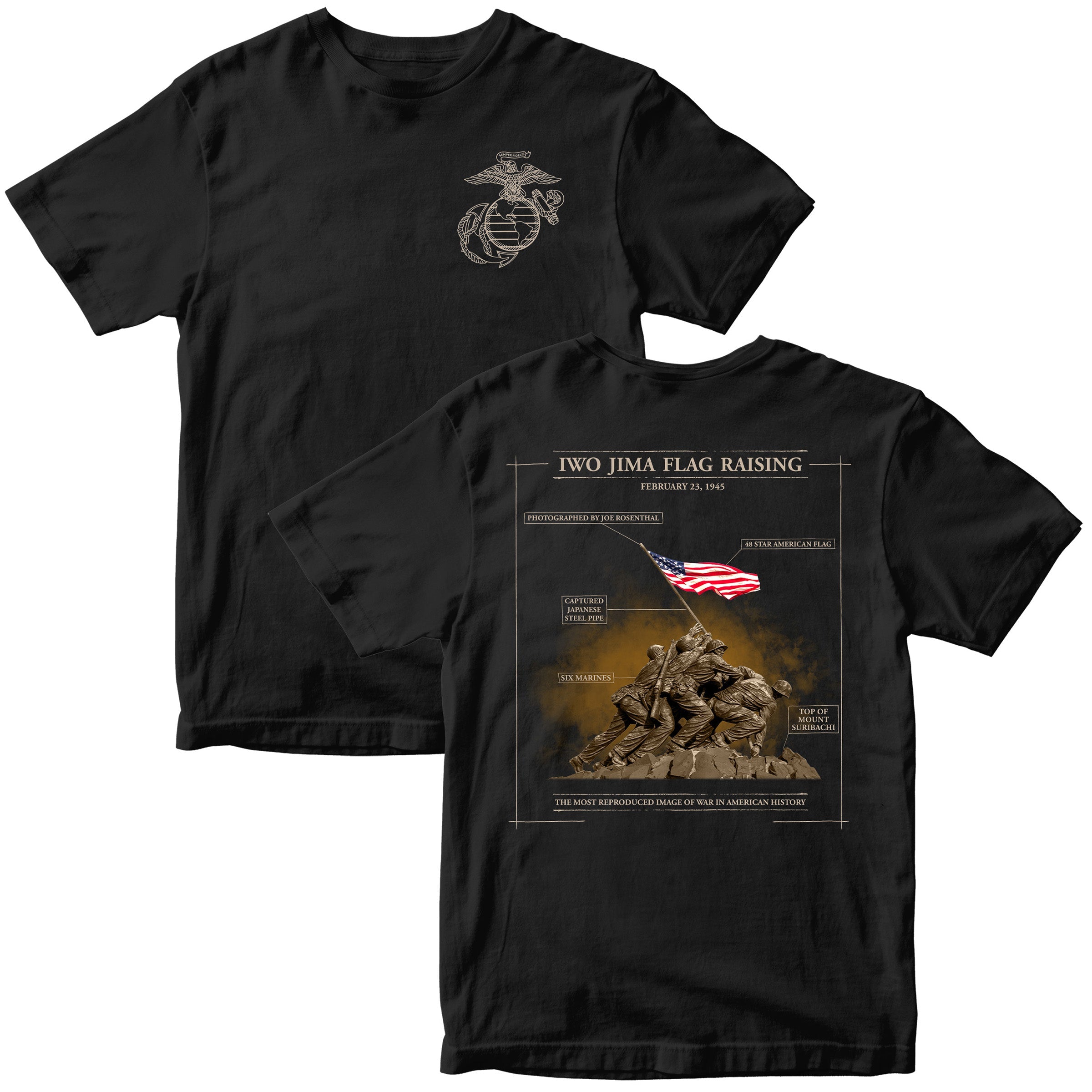 Black United States Marine Corps Iwo Jima flag raising Mount Suribachi T-shirt. Marines Iwo Jima Tee