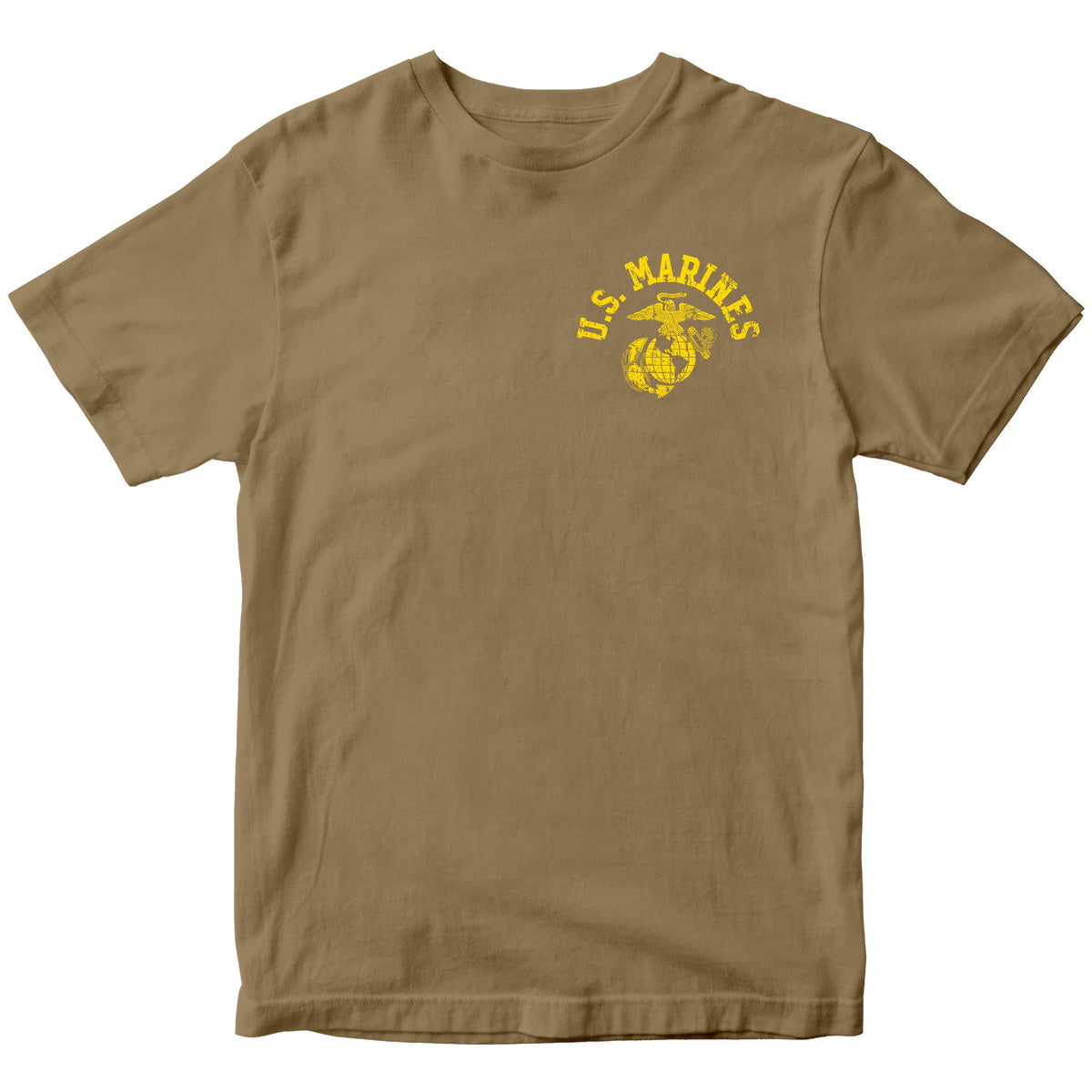 Brown Marine Corps PT-style T-shirt featuring a small left-chest U.S. Marines arch and EGA emblem. USMC Tee