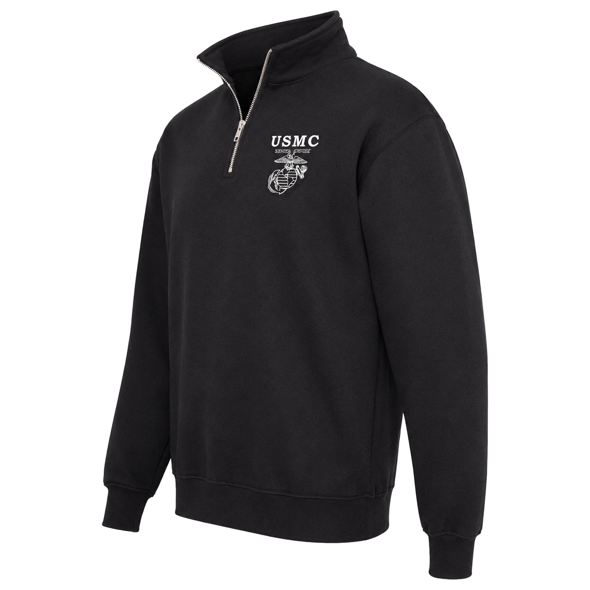 Black USMC Old School EGA screen-printed midweight quarter-zip pullover