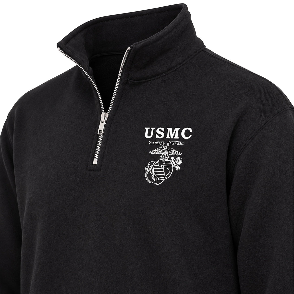 Black USMC Old School EGA screen-printed midweight quarter-zip pullover