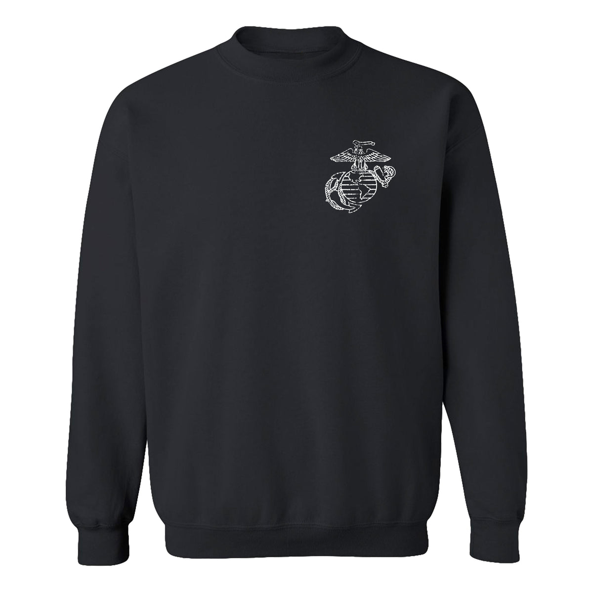 Black USMC sweatshirt with white distressed Eagle, Globe, and Anchor emblem on front