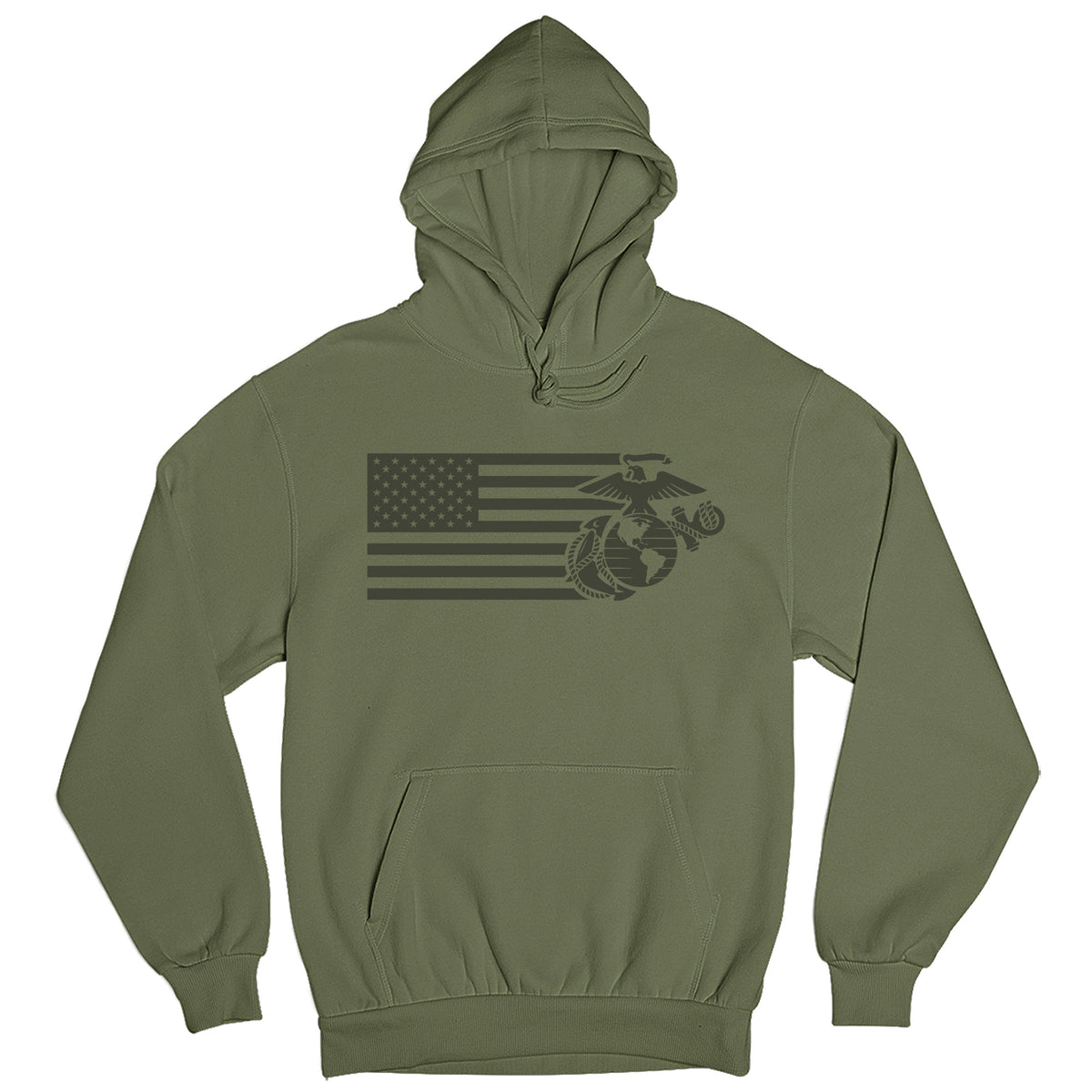 Military Green USMC Split Flag and EGA hoodie with tonal American flag and Eagle Globe and Anchor front graphic