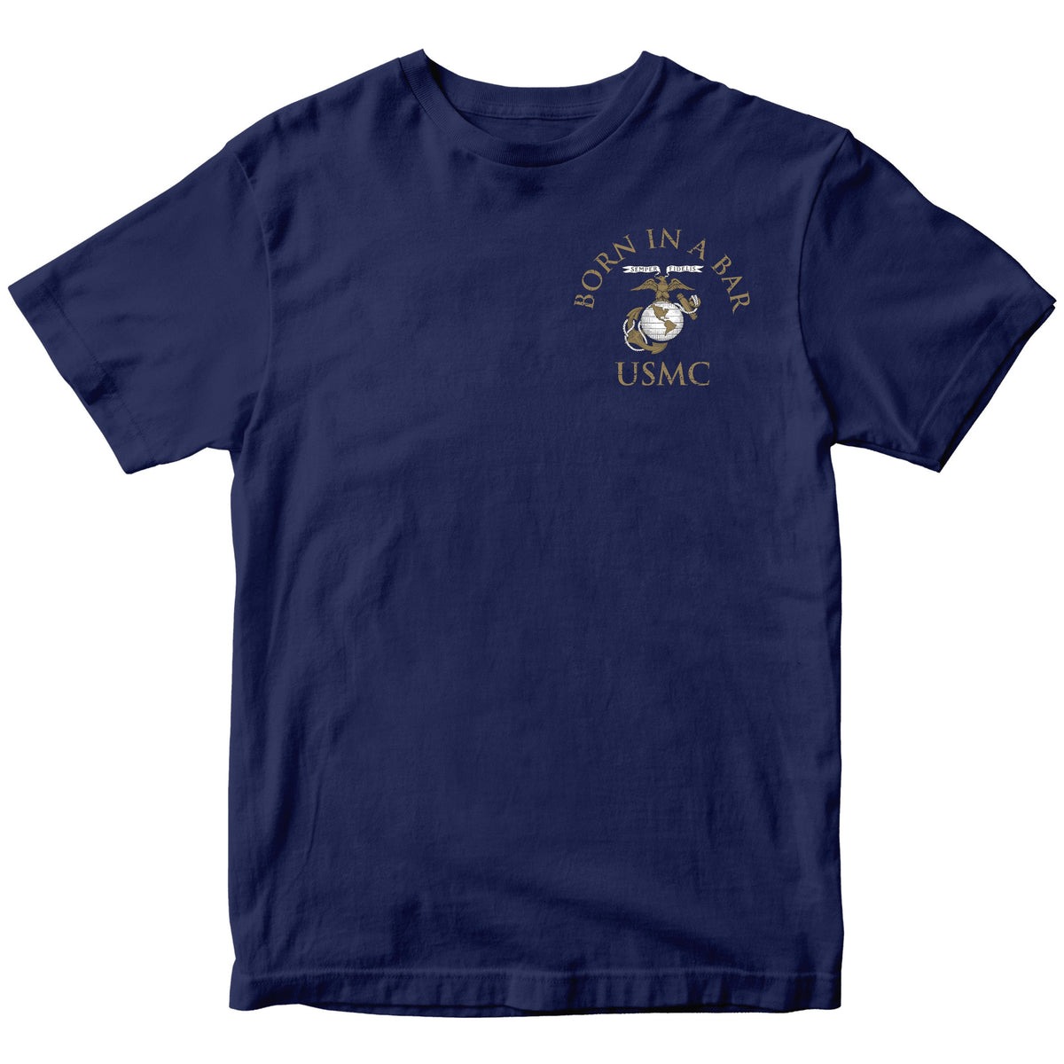 Navy Blue USMC T-shirt with ‘Born in a Bar’ Eagle, Globe and Anchor chest