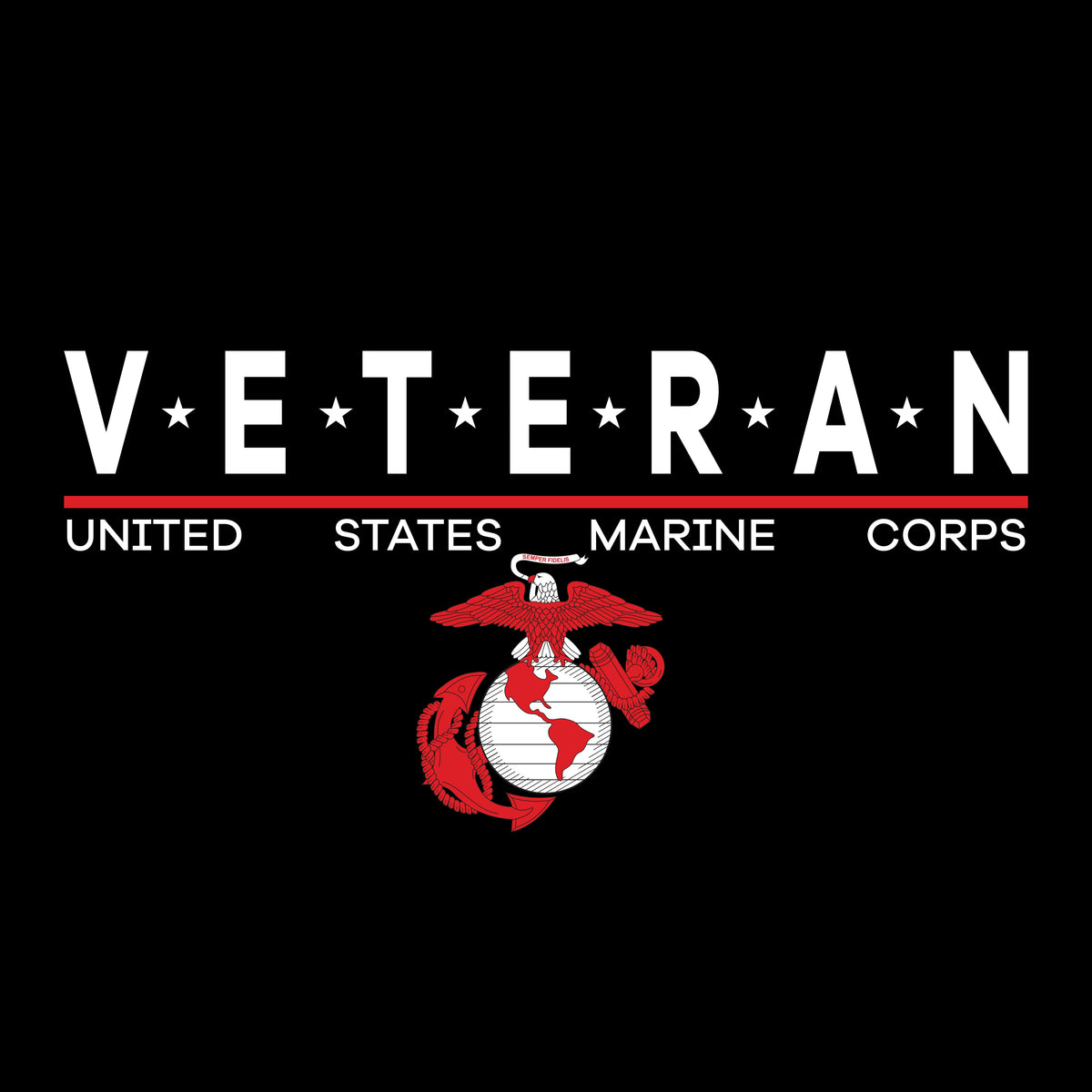 USMC Veteran star-accented ‘VETERAN’ text and Eagle, Globe and Anchor emblem.