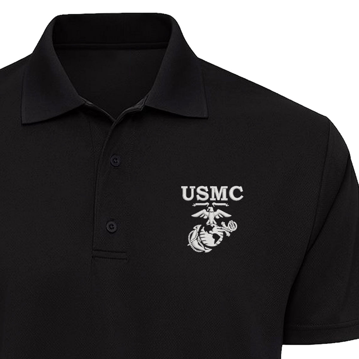 Black USMC performance polo with embroidered white USMC lettering and an old-school Eagle, Globe & Anchor on the left chest. Marines Polo