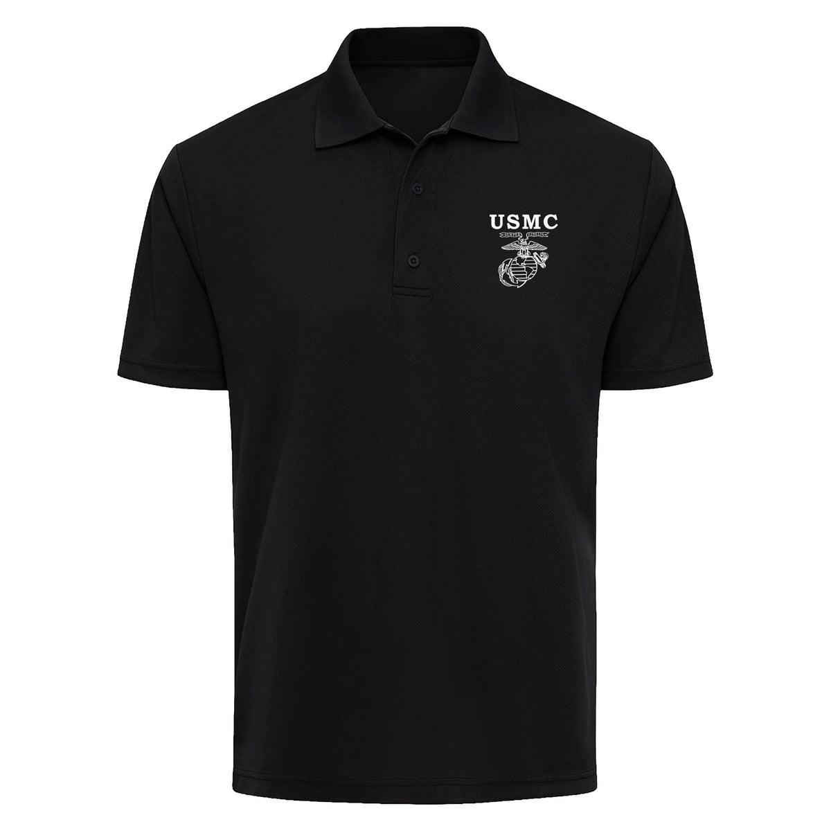 Black USMC performance polo with white USMC lettering and an old-school Eagle, Globe & Anchor left-chest print. Marines polo