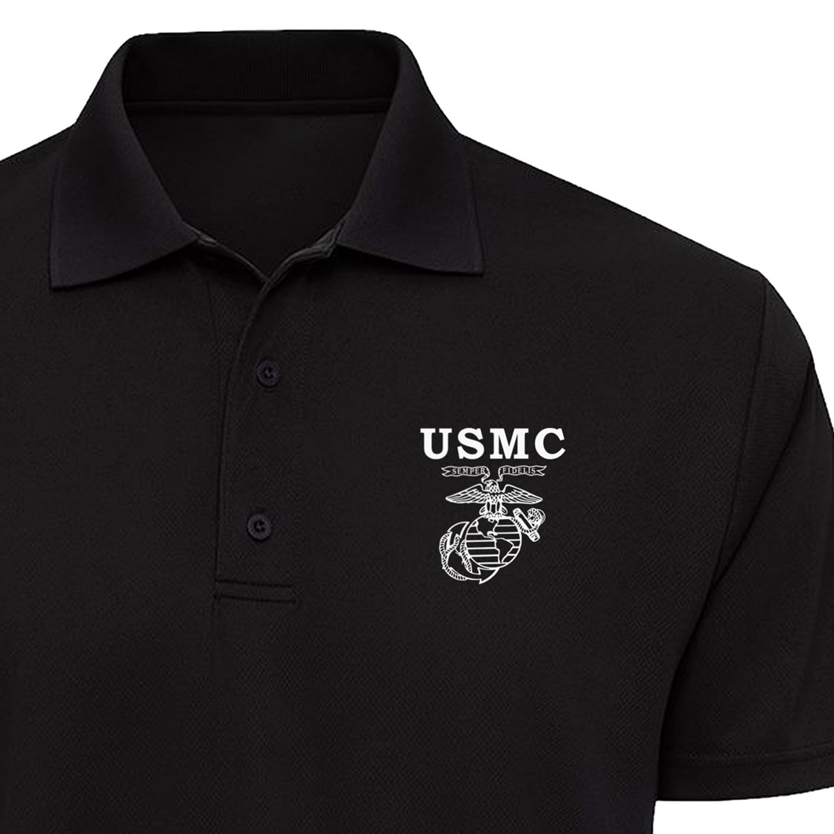 Black USMC performance polo with white USMC lettering and an old-school Eagle, Globe & Anchor left-chest print. Marines Polo