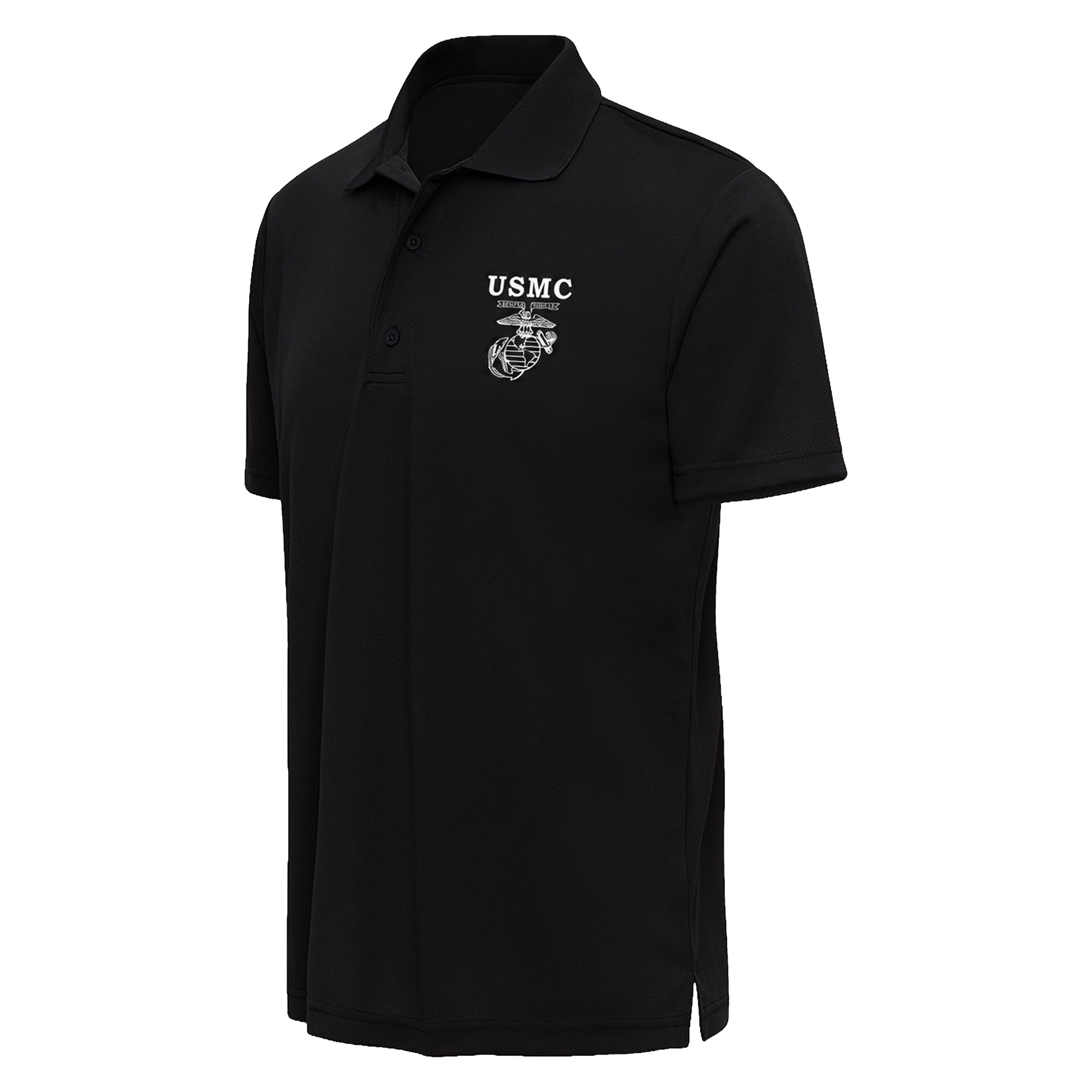 Black USMC performance polo with white USMC lettering and an old-school Eagle, Globe & Anchor left-chest print. Marines polo