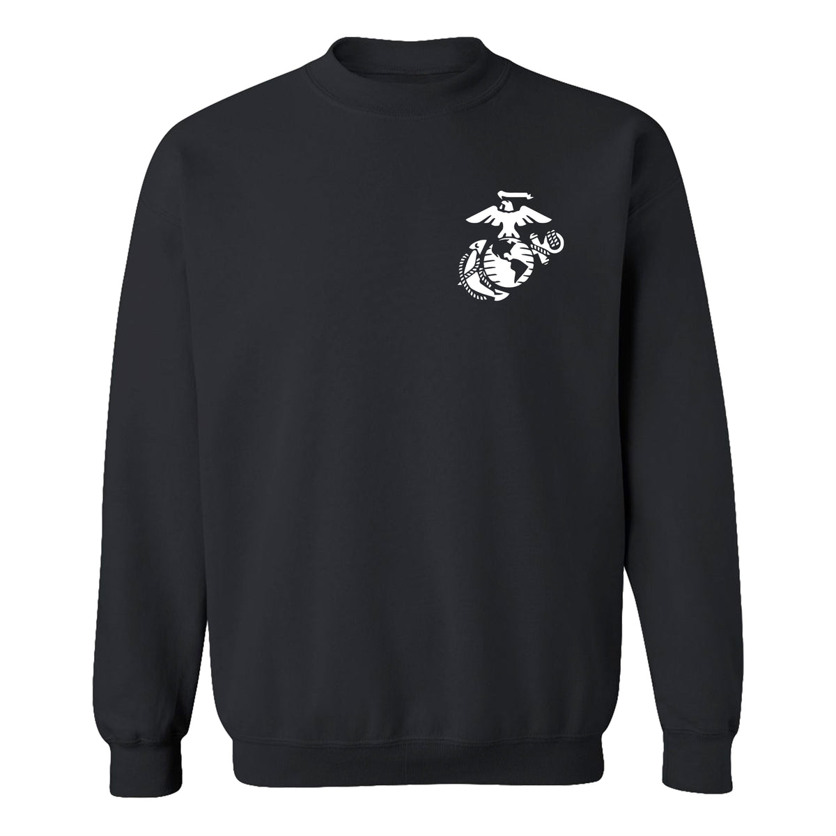 Black Marine Corps sweatshirt with white Eagle, Globe, and Anchor on front
