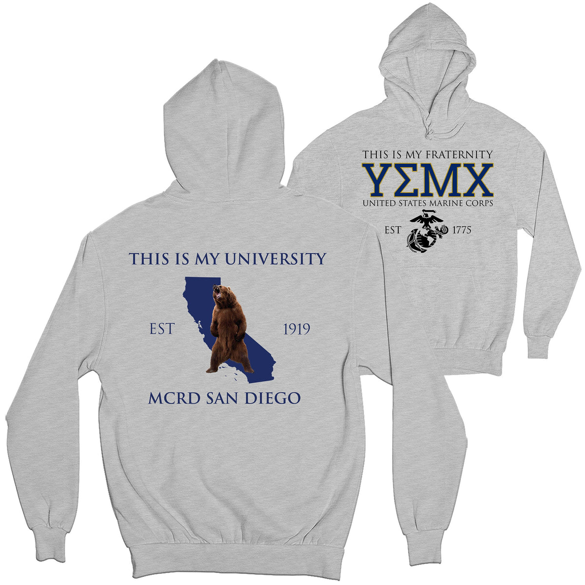 Gray USMC fraternity Hoodie with Greek letters YMEX on the front and San Diego back graphic featuring the California outline with star.
