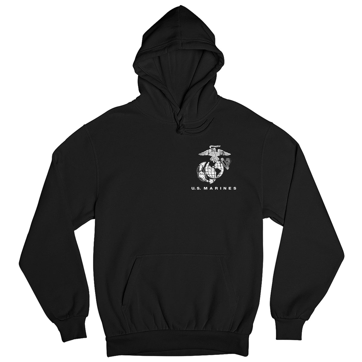 Black USMC hoodie with Eagle Globe Anchor chest emblem