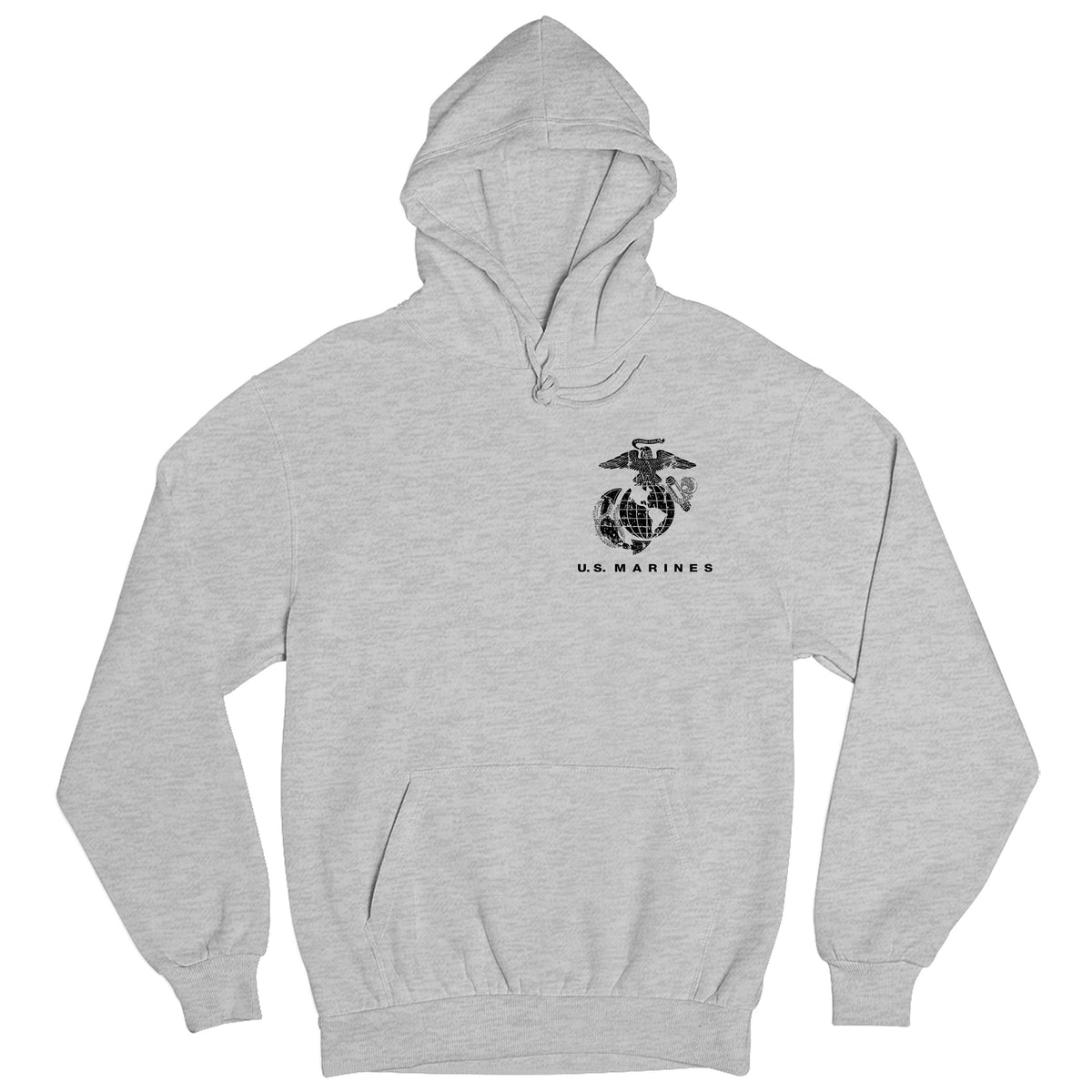 Gray USMC hoodie with Eagle Globe Anchor chest emblem