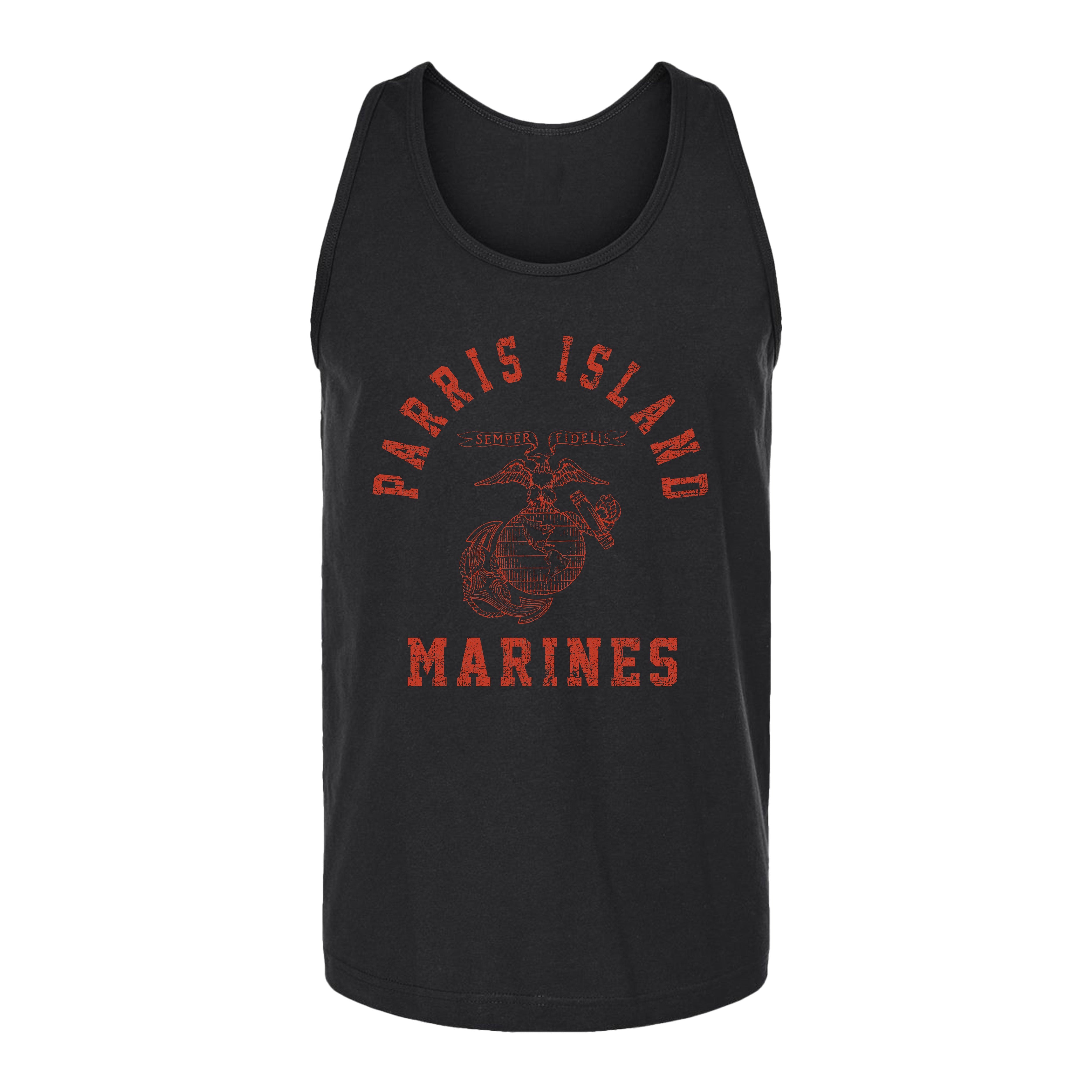 Black USMC Old School Parris Island Training Tank featuring a distressed red Eagle, Globe, and Anchor design with Parris Island and Marines text.