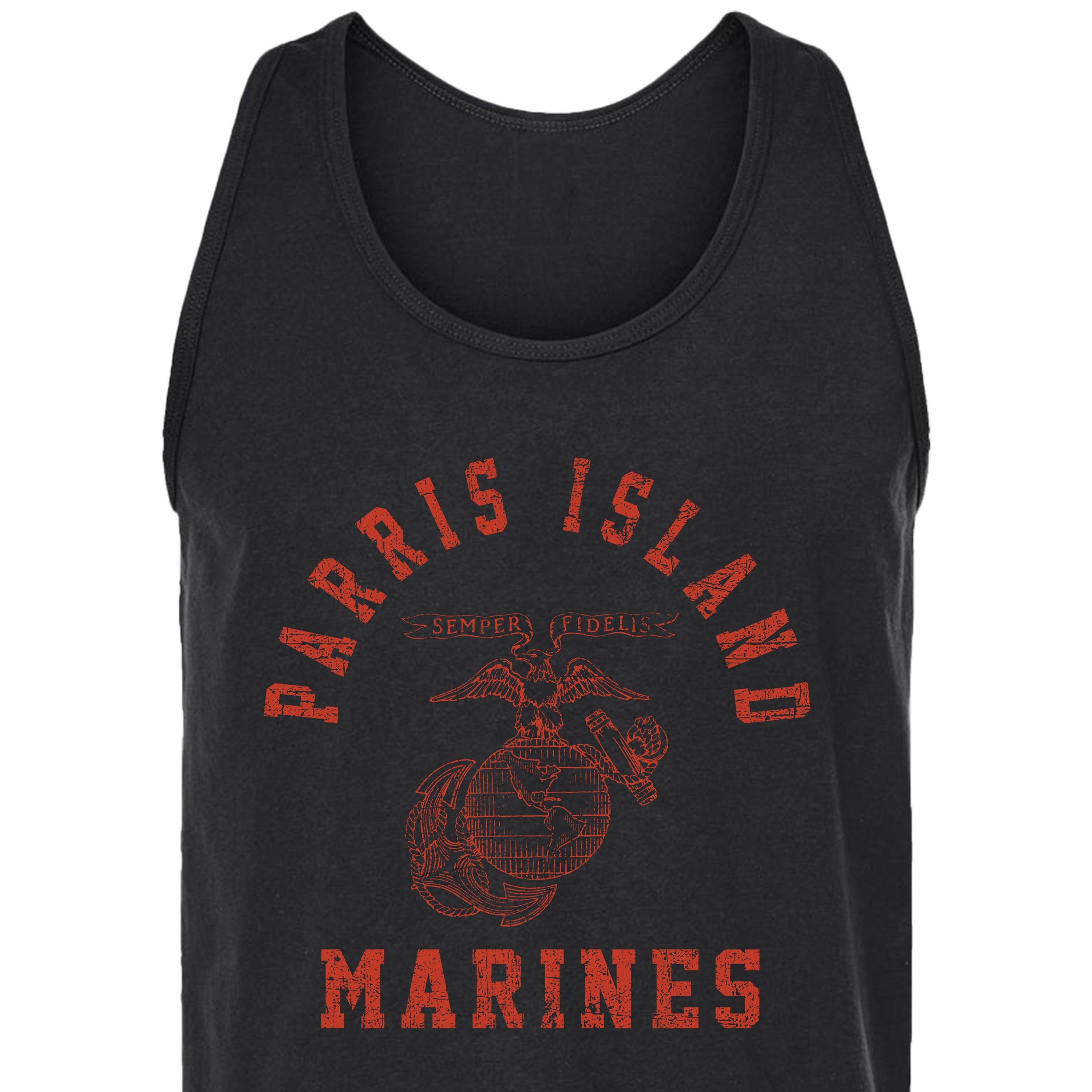 Black USMC Old School Parris Island Training Tank featuring a distressed red Eagle, Globe, and Anchor design with Parris Island and Marines text.