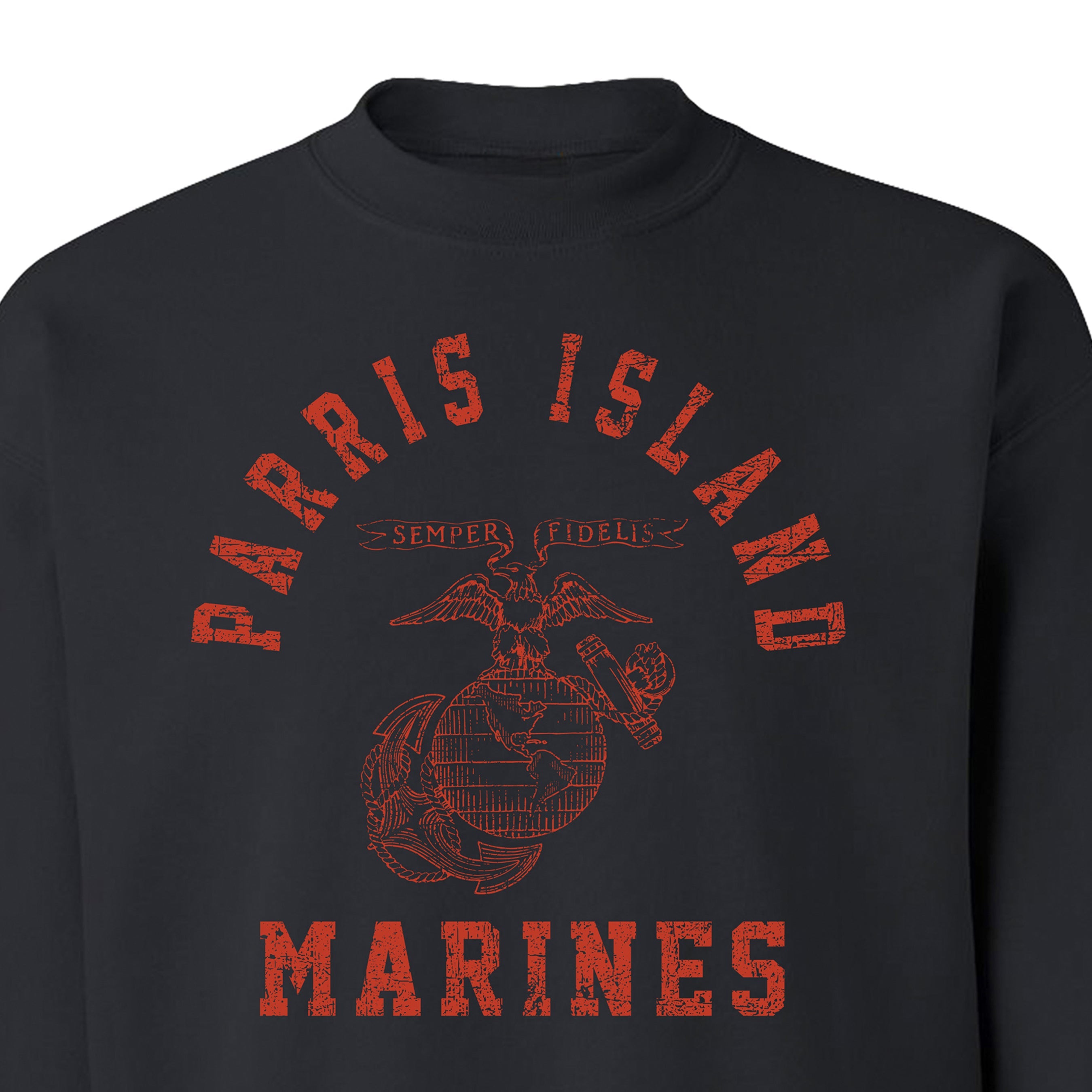 USMC black sweatshirt with distressed red print featuring 'Parris Island' arched above the Eagle, Globe, and Anchor emblem, and 'Marines' text below—designed in the style of vintage Marine Corps training shirts from MCRD Parris Island.