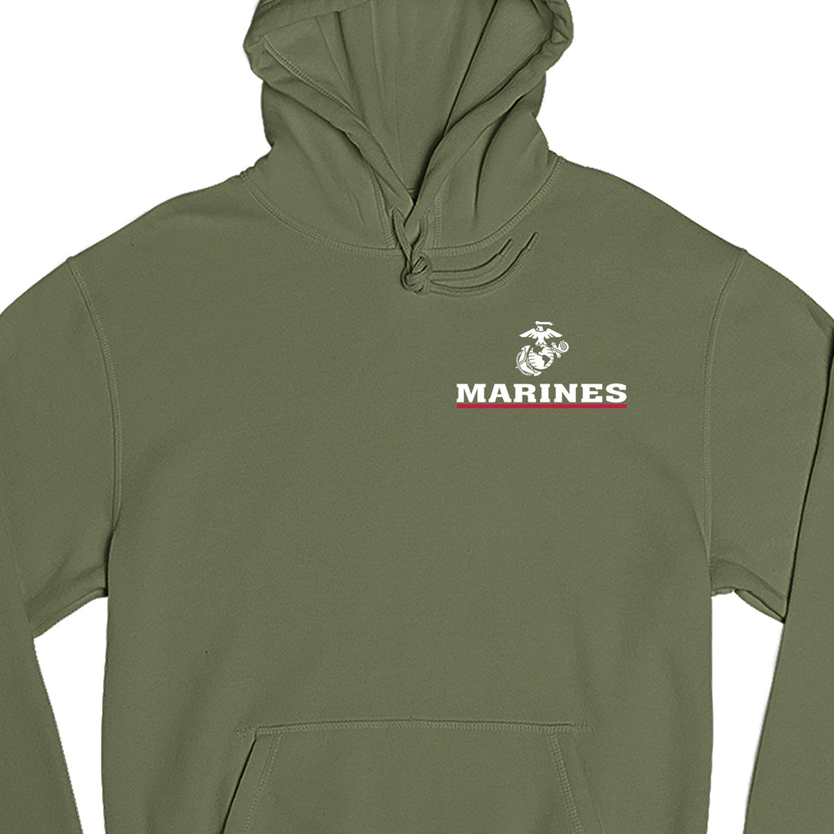 Green USMC Hoodie with EGA chest seal emblem above bold 'MARINES' text and a red underline, minimalist Marine Corps design.