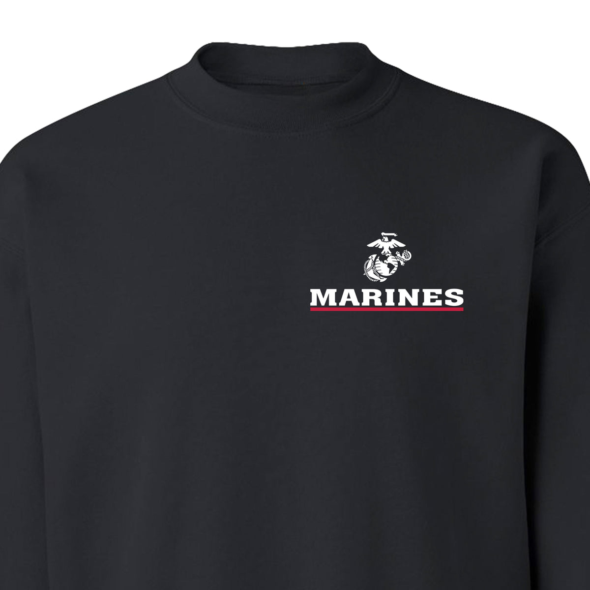 Black USMC sweatshirt with EGA chest seal emblem above bold white 'MARINES' text and a red underline, minimalist Marine Corps design.