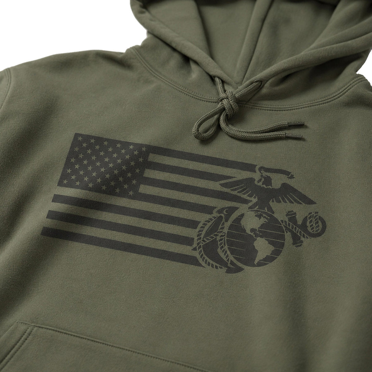 Military Green USMC Split Flag and EGA hoodie with tonal American flag and Eagle Globe and Anchor front graphic