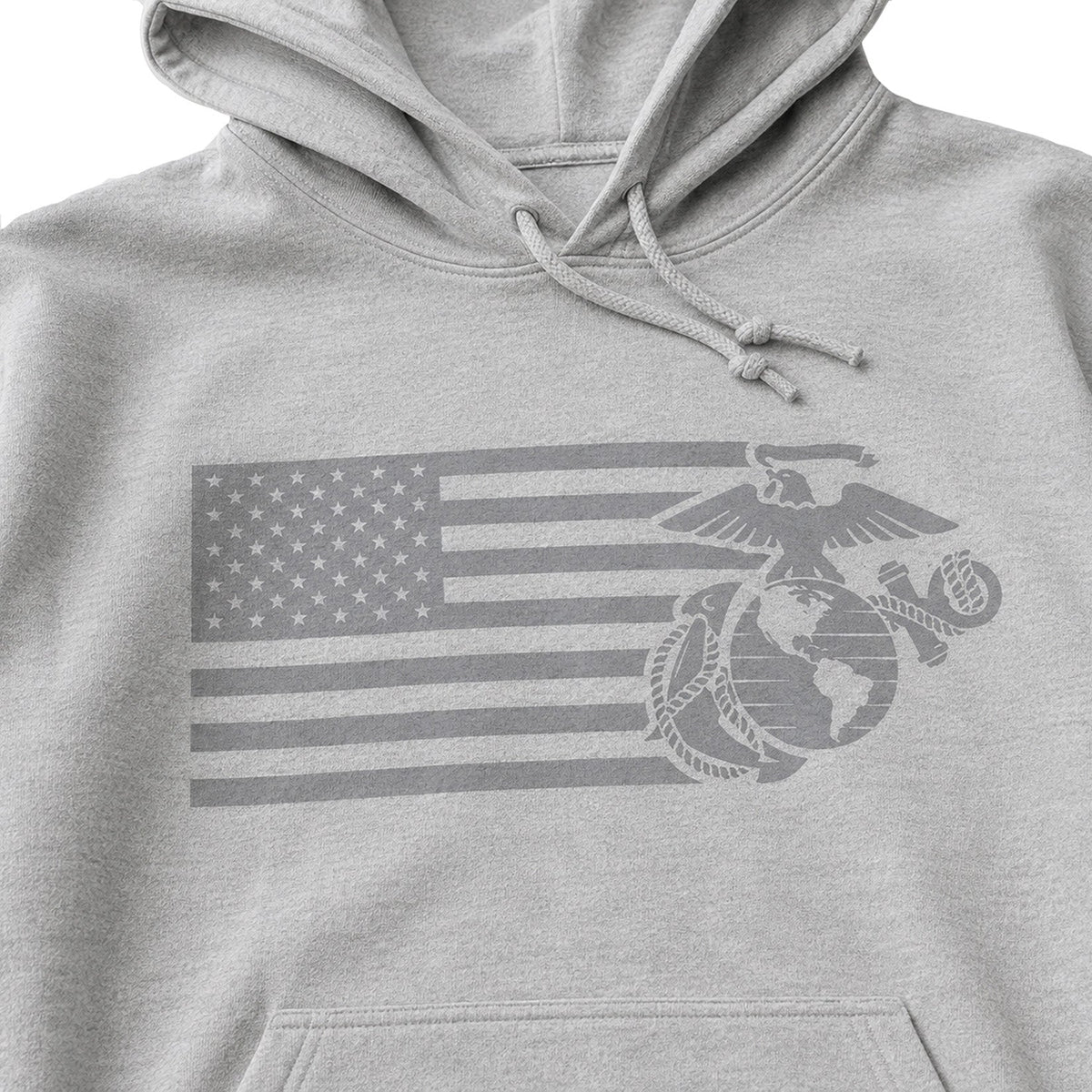 Heather Gray USMC Split Flag and EGA hoodie with tonal American flag and Eagle Globe and Anchor front graphic