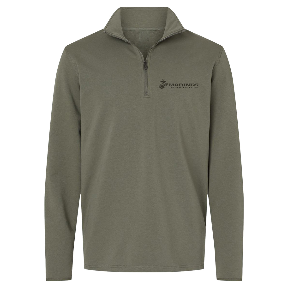 OD green Marines The Few The Proud performance quarter-zip pullover with OD green Eagle Globe and Anchor chest graphic for a monochromatic finish