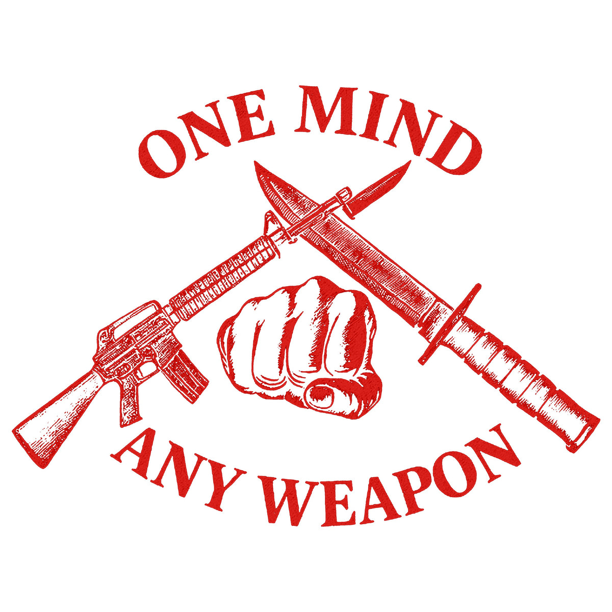 Marines Fight Club graphic reading ‘One Mind Any Weapon’ with crossed riffle and knife and clenched fist.