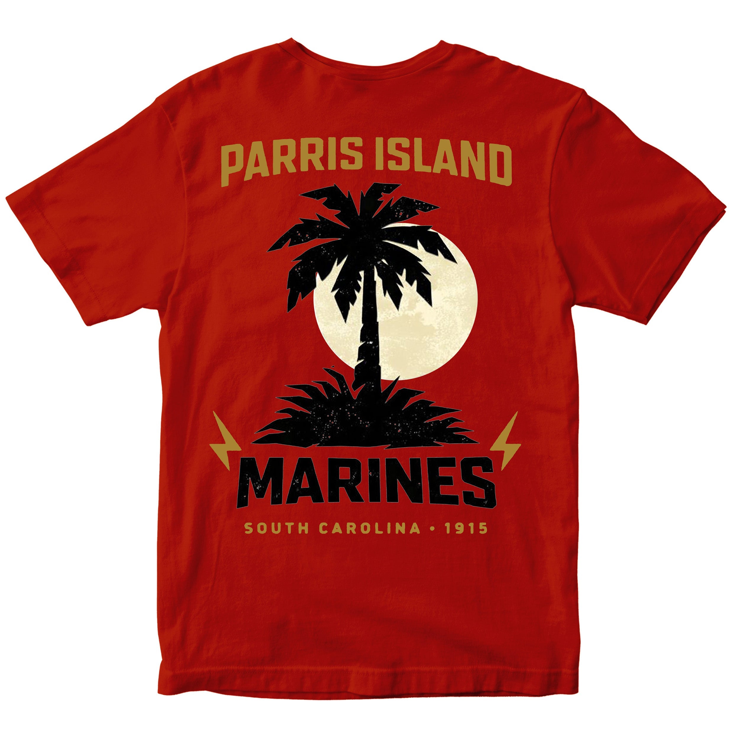 United States Marine Corps Parris Island South Carolina Palm Tree T-shirt with Marine Corps emblem. Red USMC Parris Island Tee