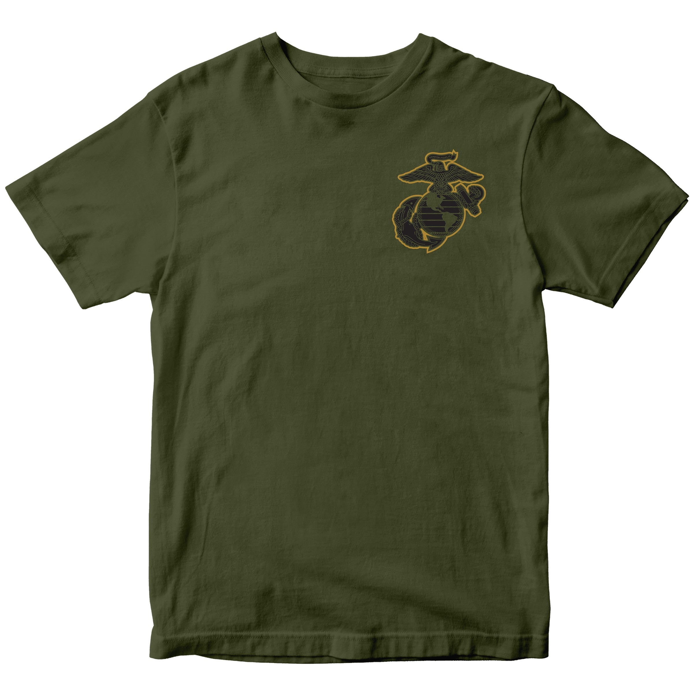 United States Marine Corps Parris Island South Carolina Palm Tree T-shirt with Marine Corps emblem. Green USMC Parris Island Tee